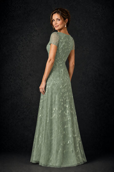 BOLODOO Sage Green Leaf Embroidered A-Line Formal Gown with Cap Sleeves - Sage Green - Sage_Green_2