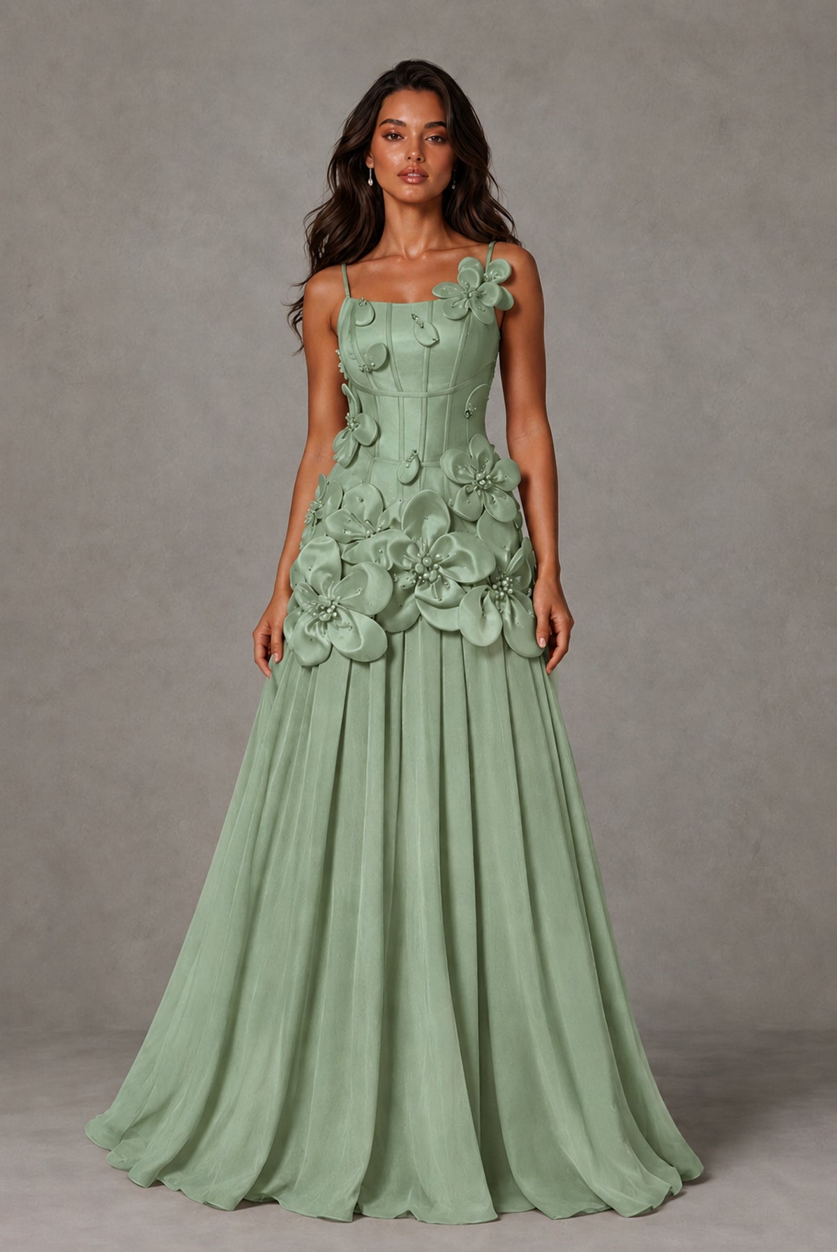 BOLODOO Sage Green 3D Floral Appliqué Floor-Length A-Line Evening Gown - Sage Green