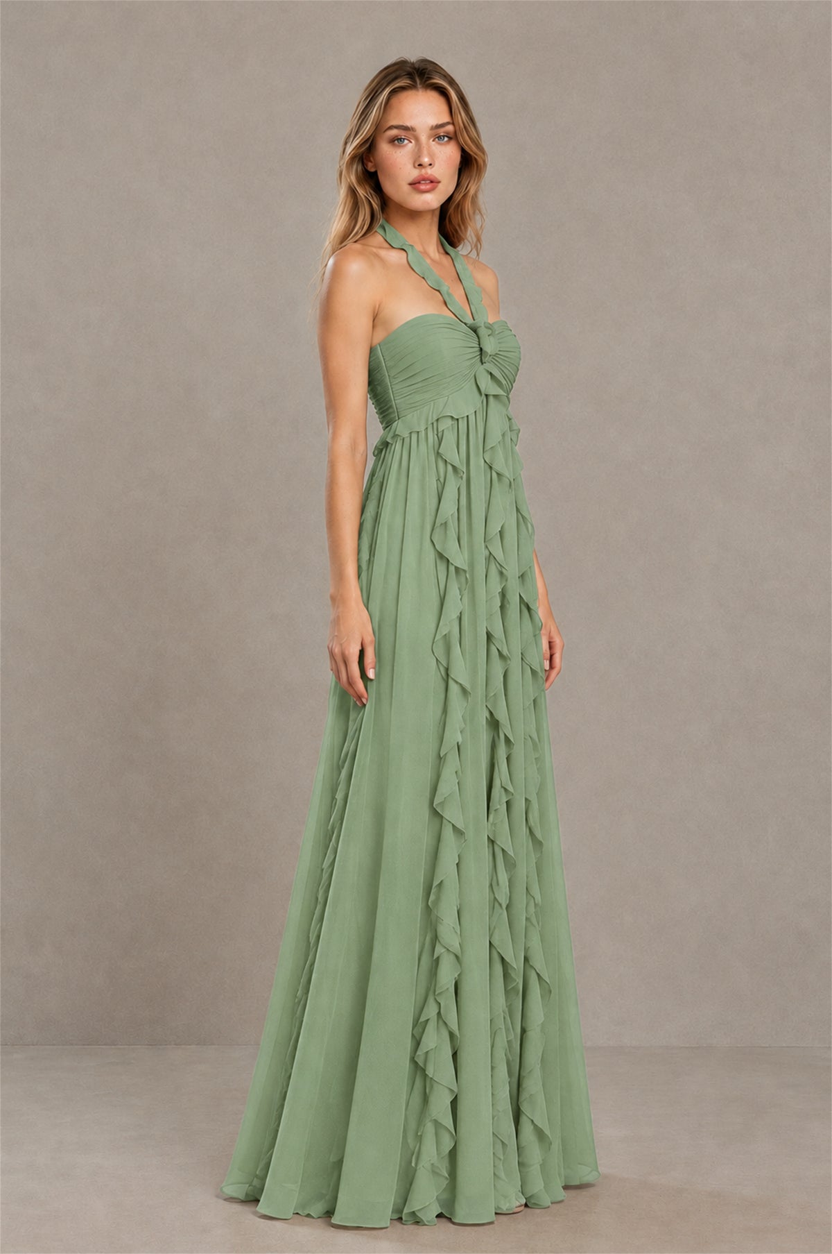 BOLODOO Sage Green Halter Ruffle A-Line Floor-Length Evening Dress - Sage Green - Sage_Green_3