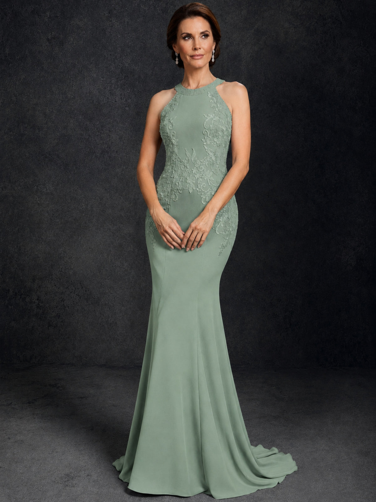 BOLODOO Sage Green Lace Applique Halter Neck Sheer Back Mermaid Maxi Dress with Sweep Train - Sage Green