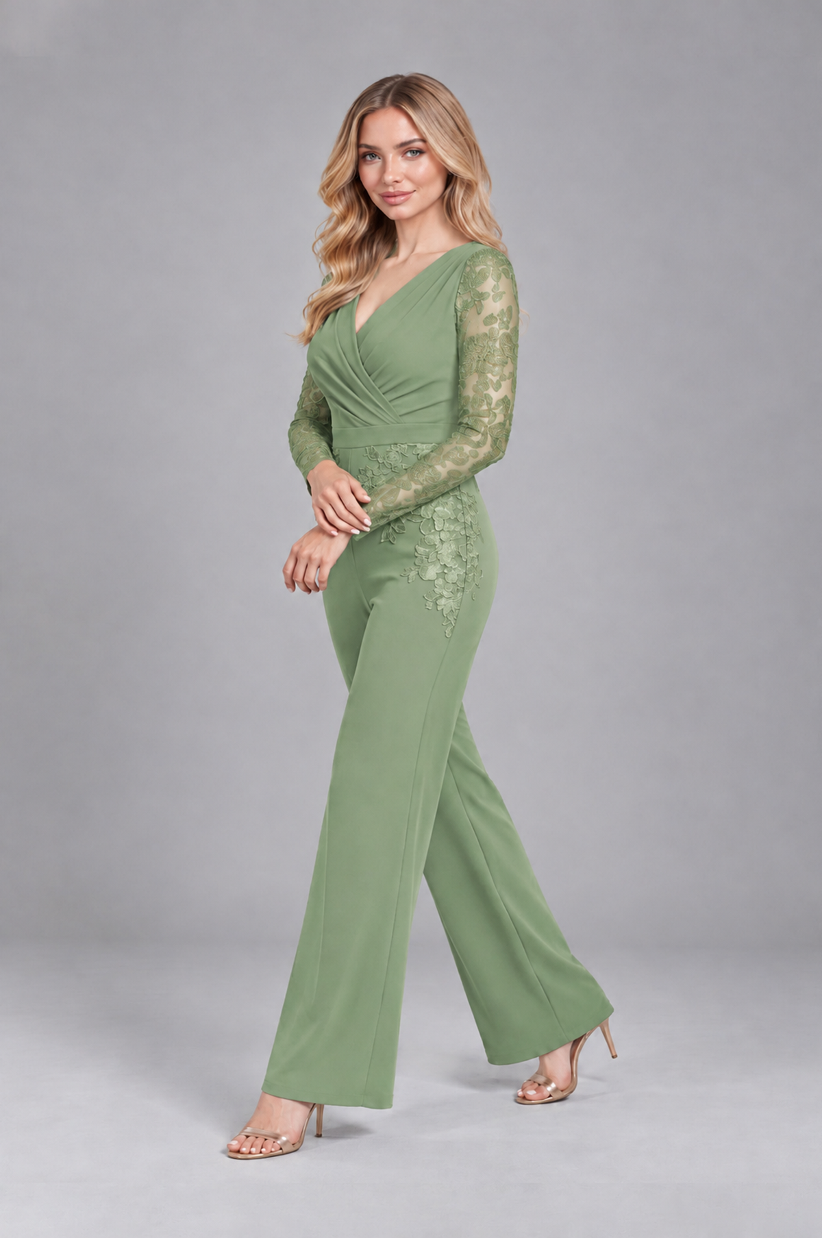 BOLODOO Sage Green Lace Long-Sleeve V-Neck Mother Pant Suit - Sage Green - Sage Green_3