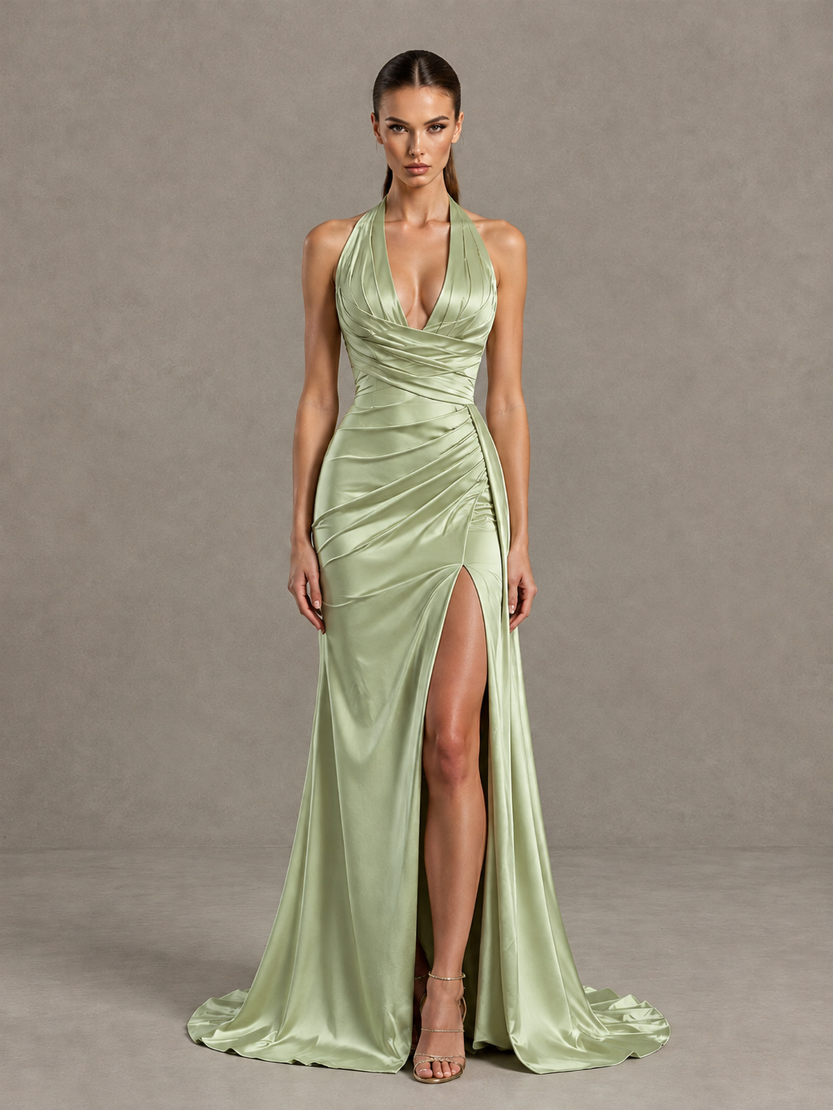 BOLODOO Sage Green Halter Satin Evening & Prom Dress with High Slit - Sage Green - Sage Green_3