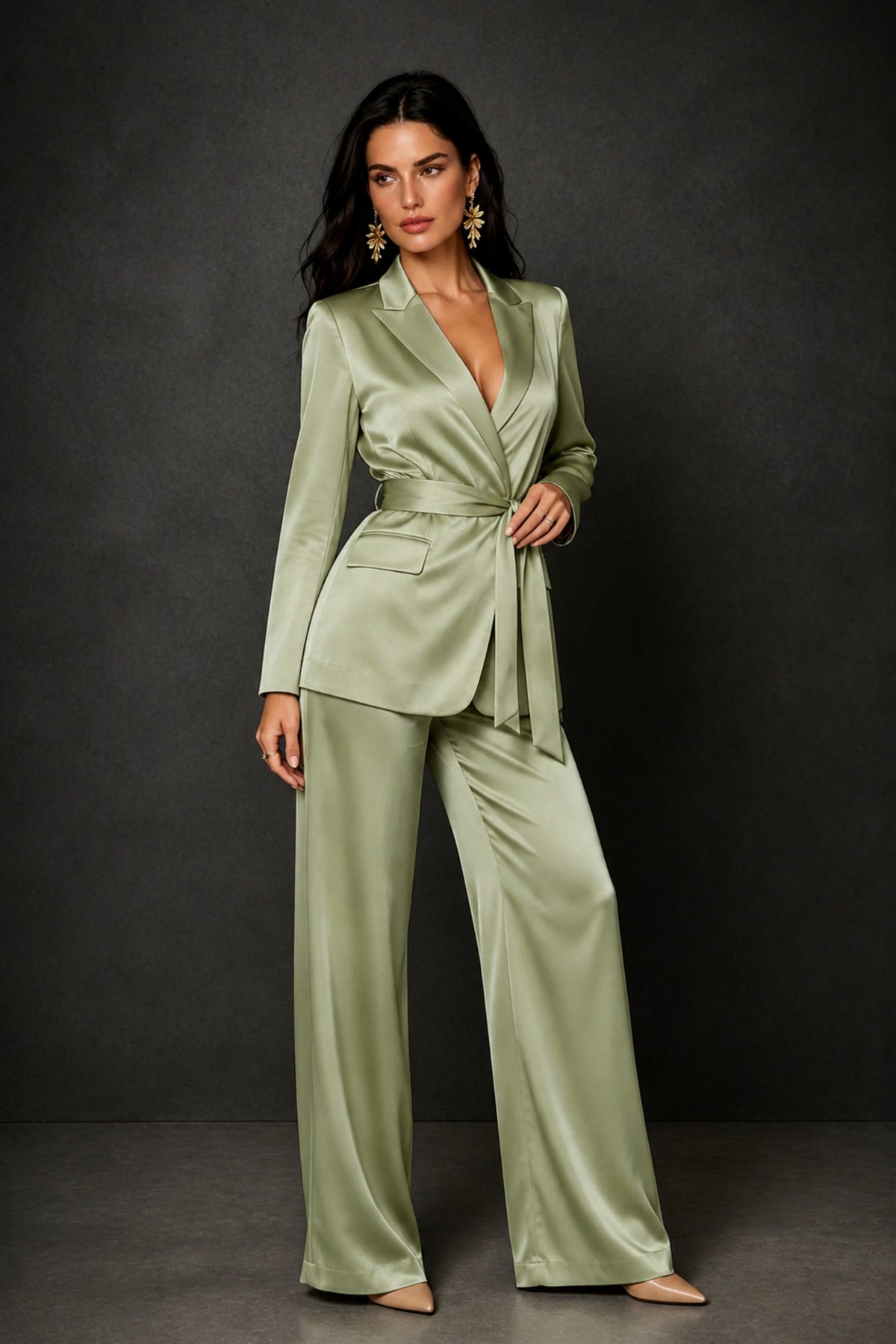 BOLODOO Sage Green Satin Wrap Blazer Wide-Leg Pants Two-Piece Suit Set – Evening Gala Wedding Guest - Sage Green