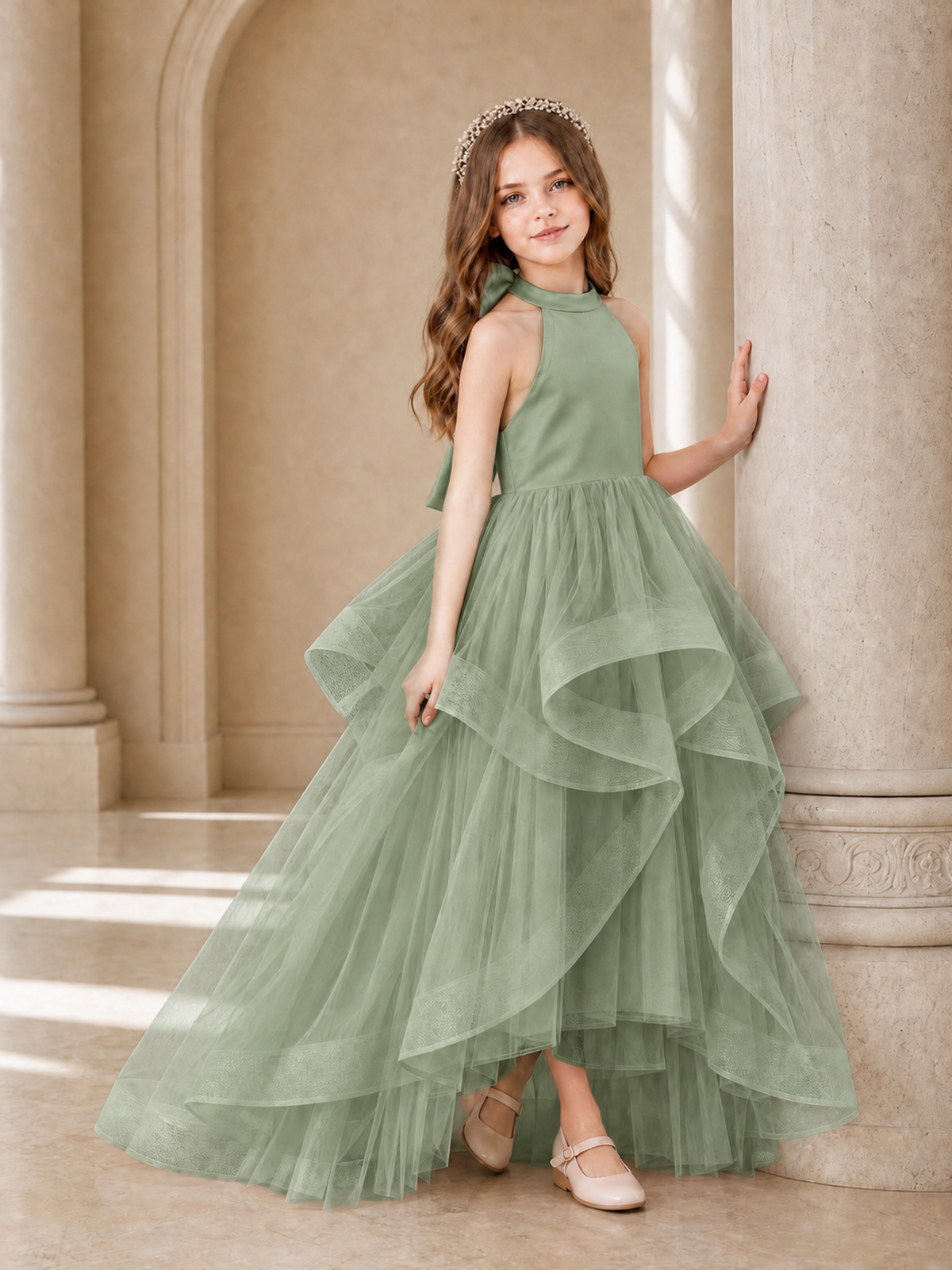 BOLODOO Sage Green Halter Tiered Tulle Flower Girl Dress with Bow Back - Sage Green - Sage Green_3