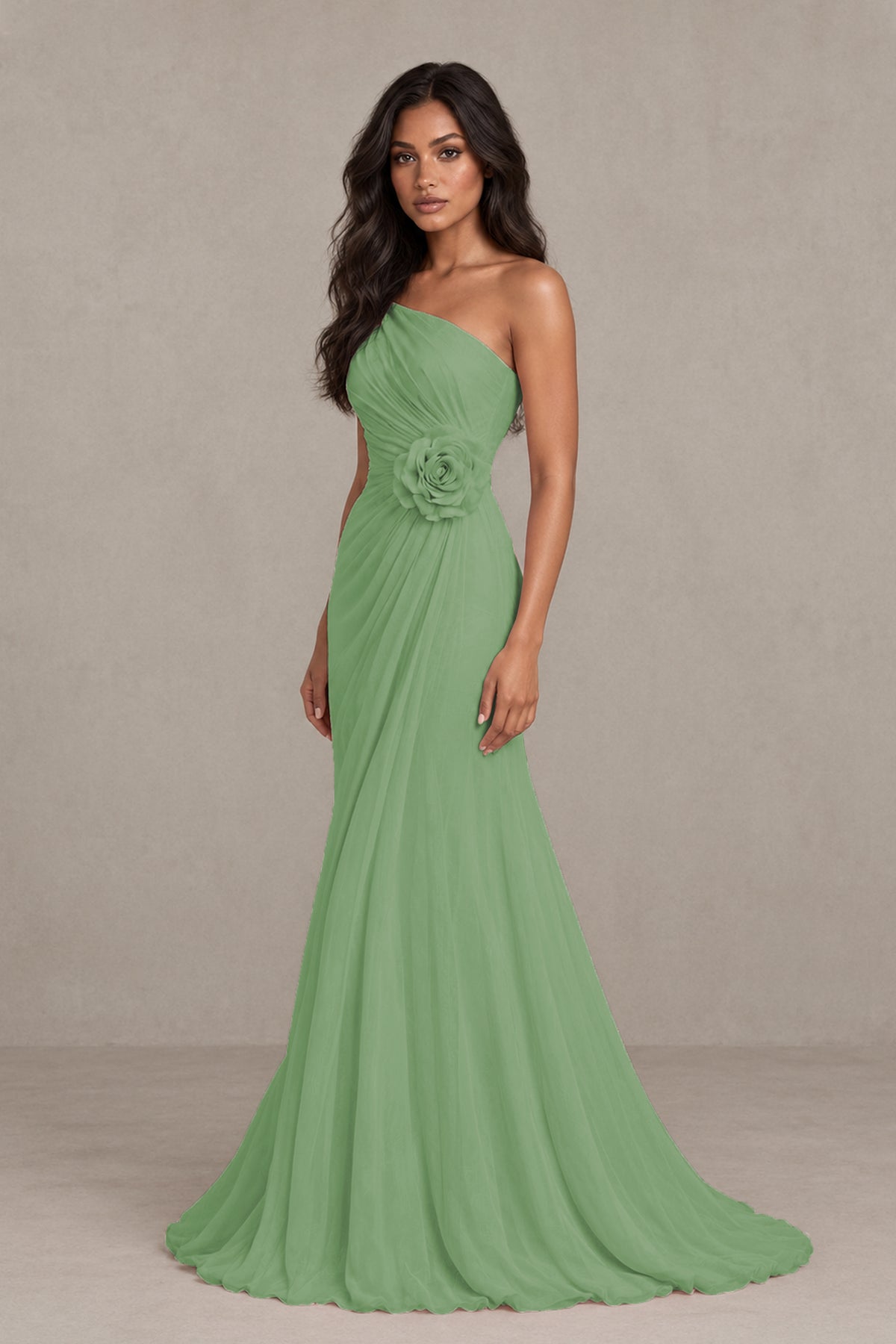BOLODOO Sage Green One-Shoulder Floral Ruched Maxi Dress - Sage Green