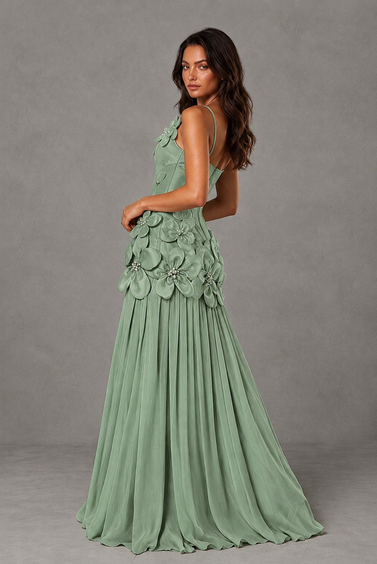 BOLODOO Sage Green 3D Floral Appliqué Floor-Length A-Line Evening Gown - Sage Green