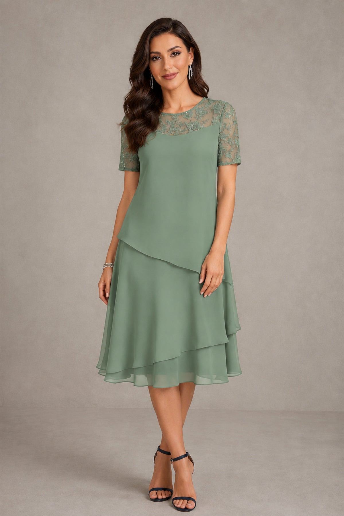 BOLODOO Sage Green Illusion Lace Short Sleeve Tiered Chiffon Tea Length Dress | Mother of the Bride Midi Dress - Sage Green
