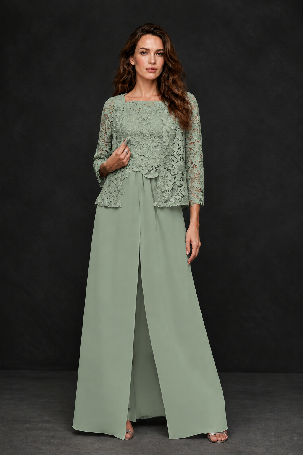 BOLODOO Sage Green Grey Lace Peplum Top & Wide-Leg Chiffon Pants Set | Mother of the Bride & Formal Evening Outfit - Sage Green