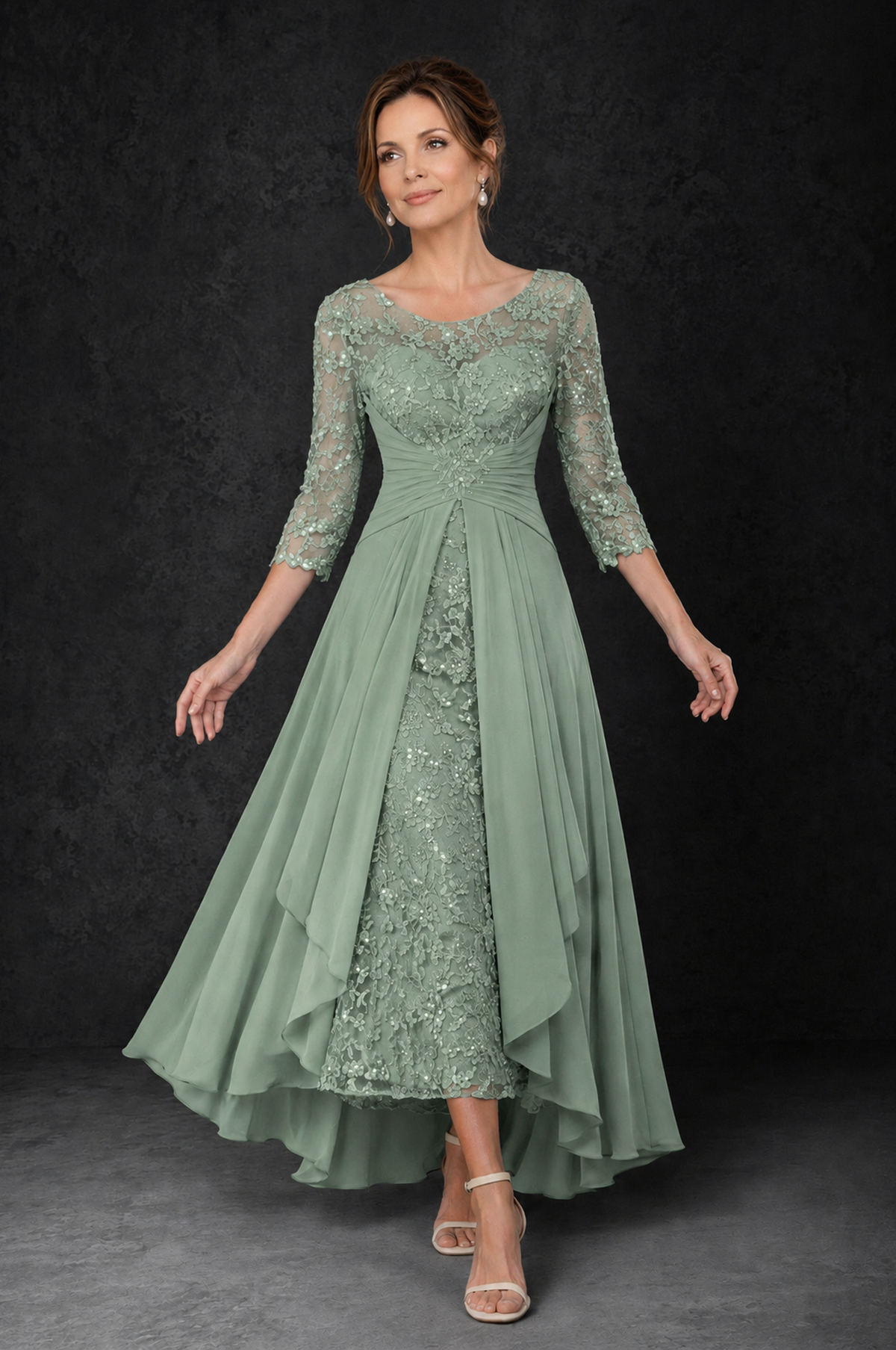 BOLODOO Sage Green Sequin Lace & Chiffon Tea-Length Mother of the Bride Dress with 3/4 Sleeves - Sage Green