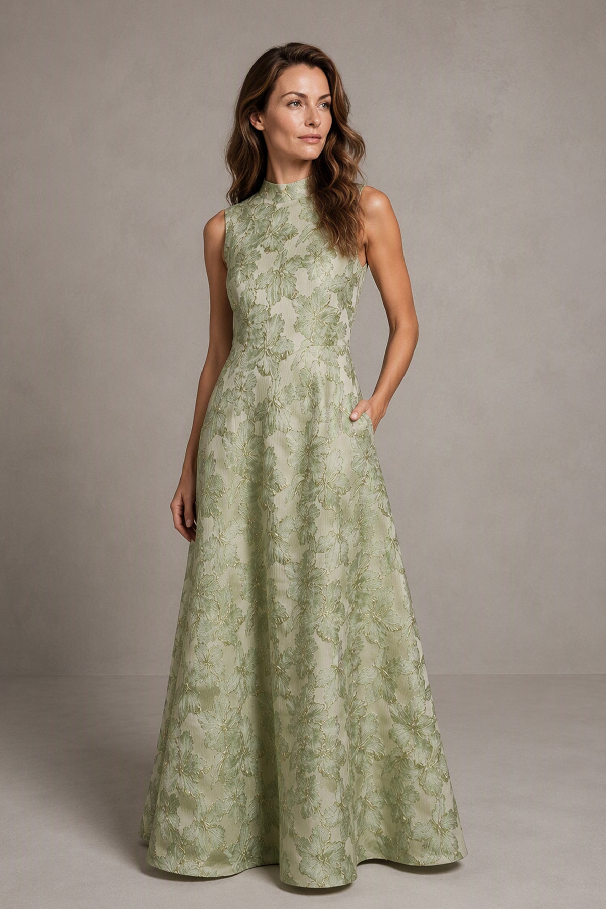 BOLODOO Sage Green Jacquard High Neck Sleeveless A-Line Maxi Dress – Wedding Guest & Formal Evening Gown - Sage Green