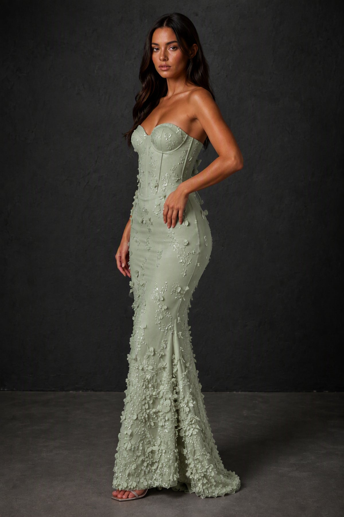 BOLODOO Sage Green 3D Floral Sequin Corset Strapless Mermaid Gown - Sage Green