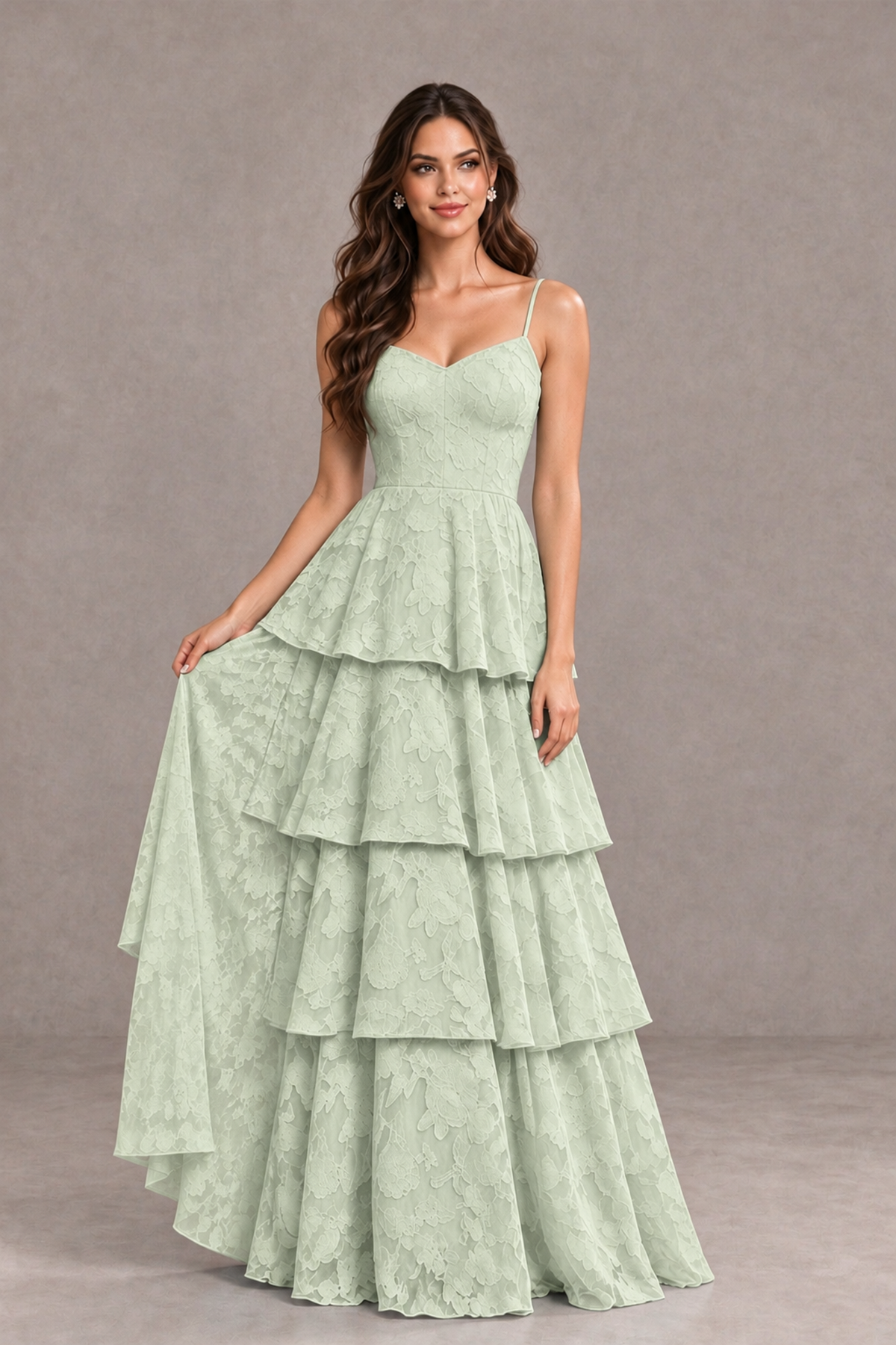 BOLODOO Sage Green Tiered Floral-Textured Spaghetti Strap Maxi Dress - Sage Green - Sage Green_3