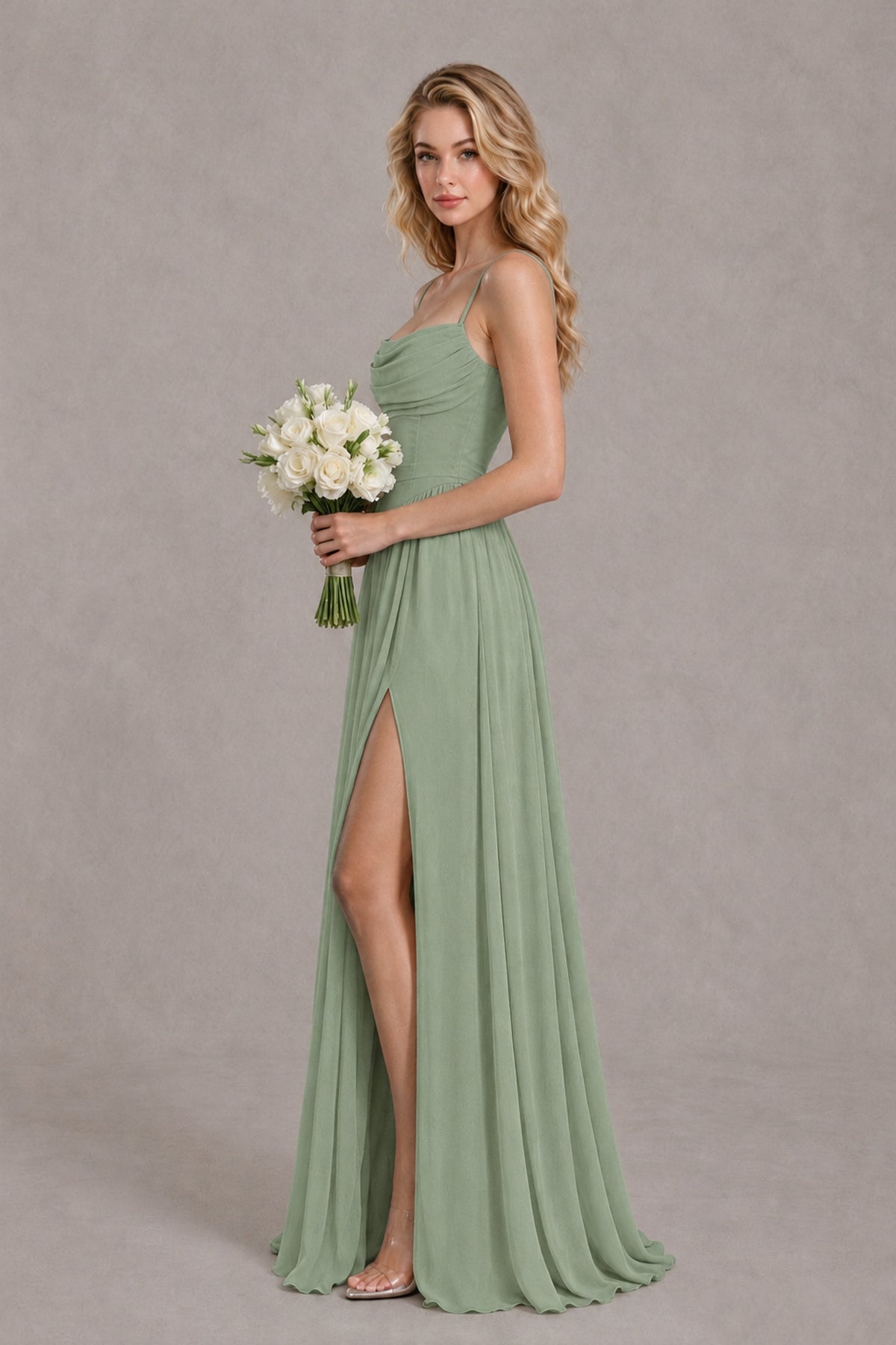 BOLODOO Sage Green Spaghetti Strap A-Line Bridesmaid Dress with Slit - Sage Green - Sage Green_3