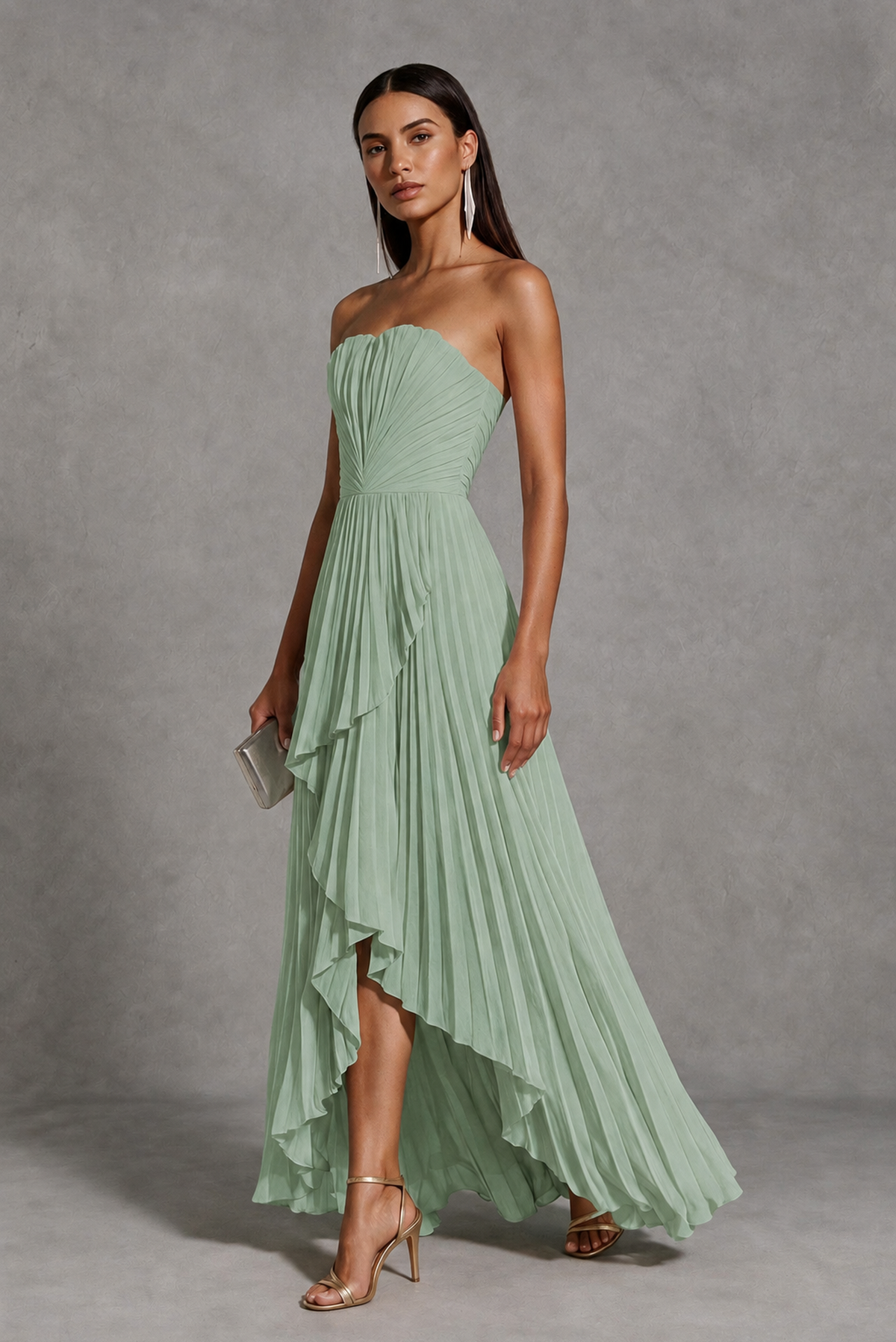 Sage Green Strapless Pleated High-Low Evening Gown with Ruffle Hem - Sage Green