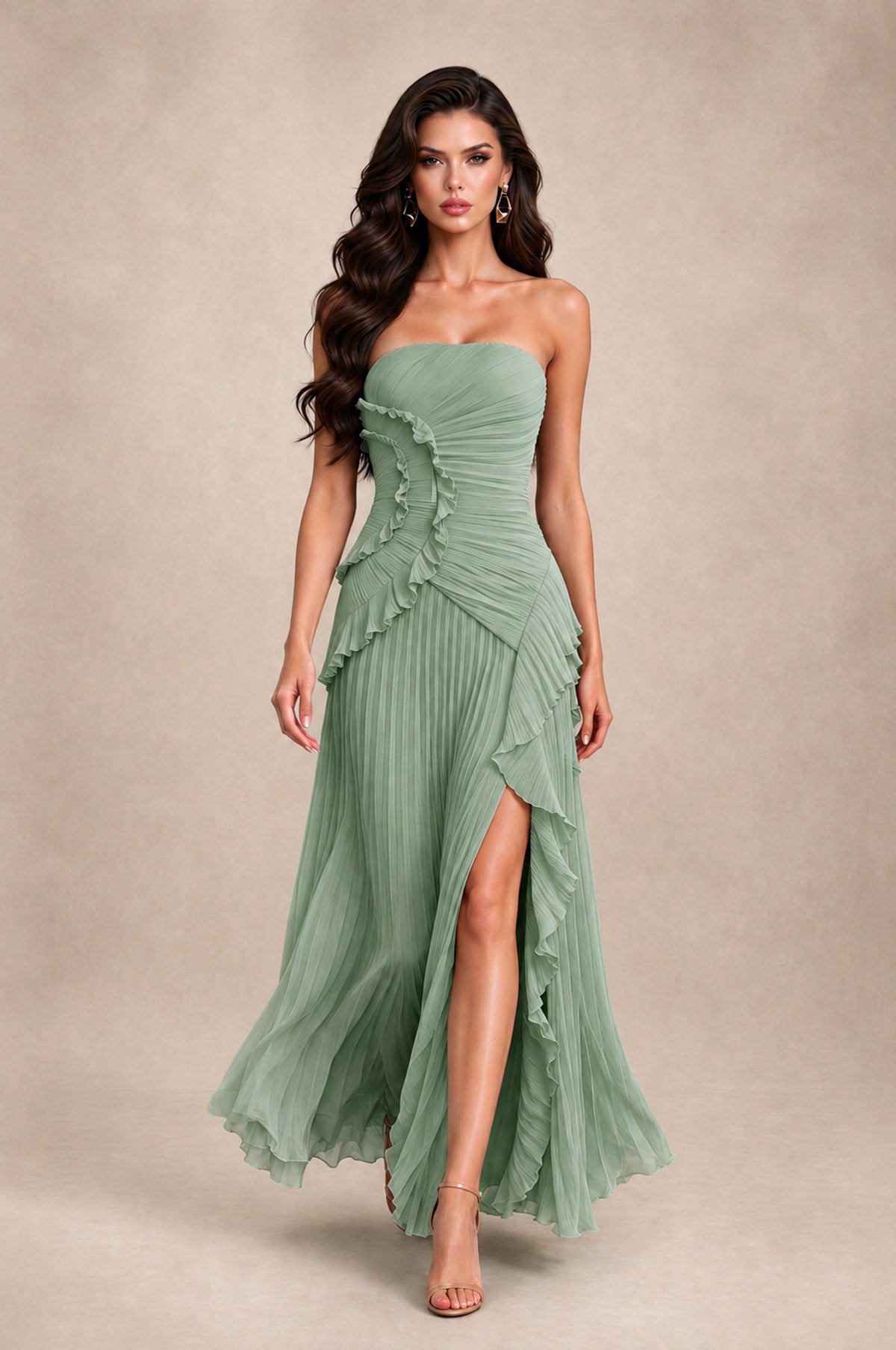 BOLODOO Sage Green Strapless Ruffle Pleated Slit Evening Gown - Sage Green - Sage Green_3