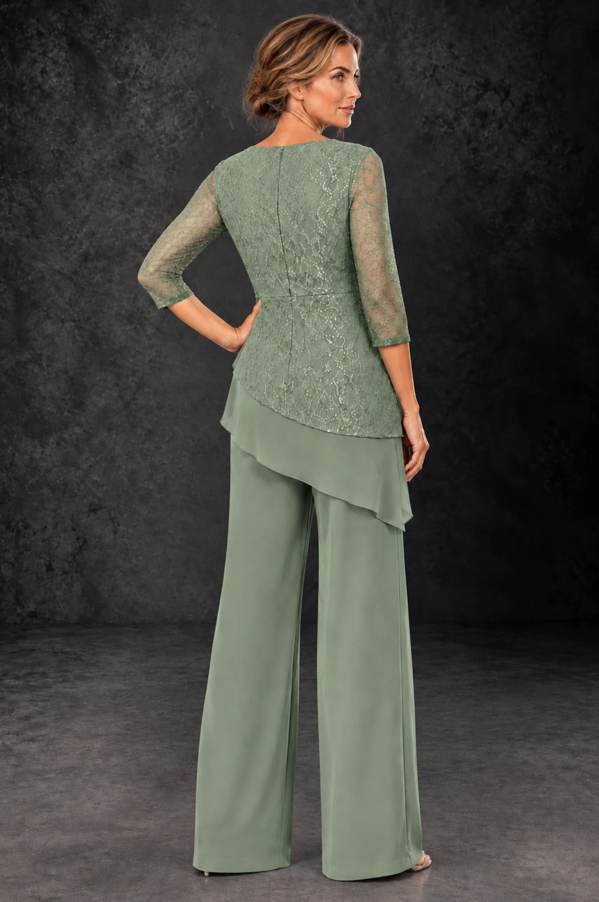 BOLODOO Sage Green Sequin Lace 3/4 Sleeve Chiffon Mother of the Bride Pant Suit - Sage Green - Sage_Green_3