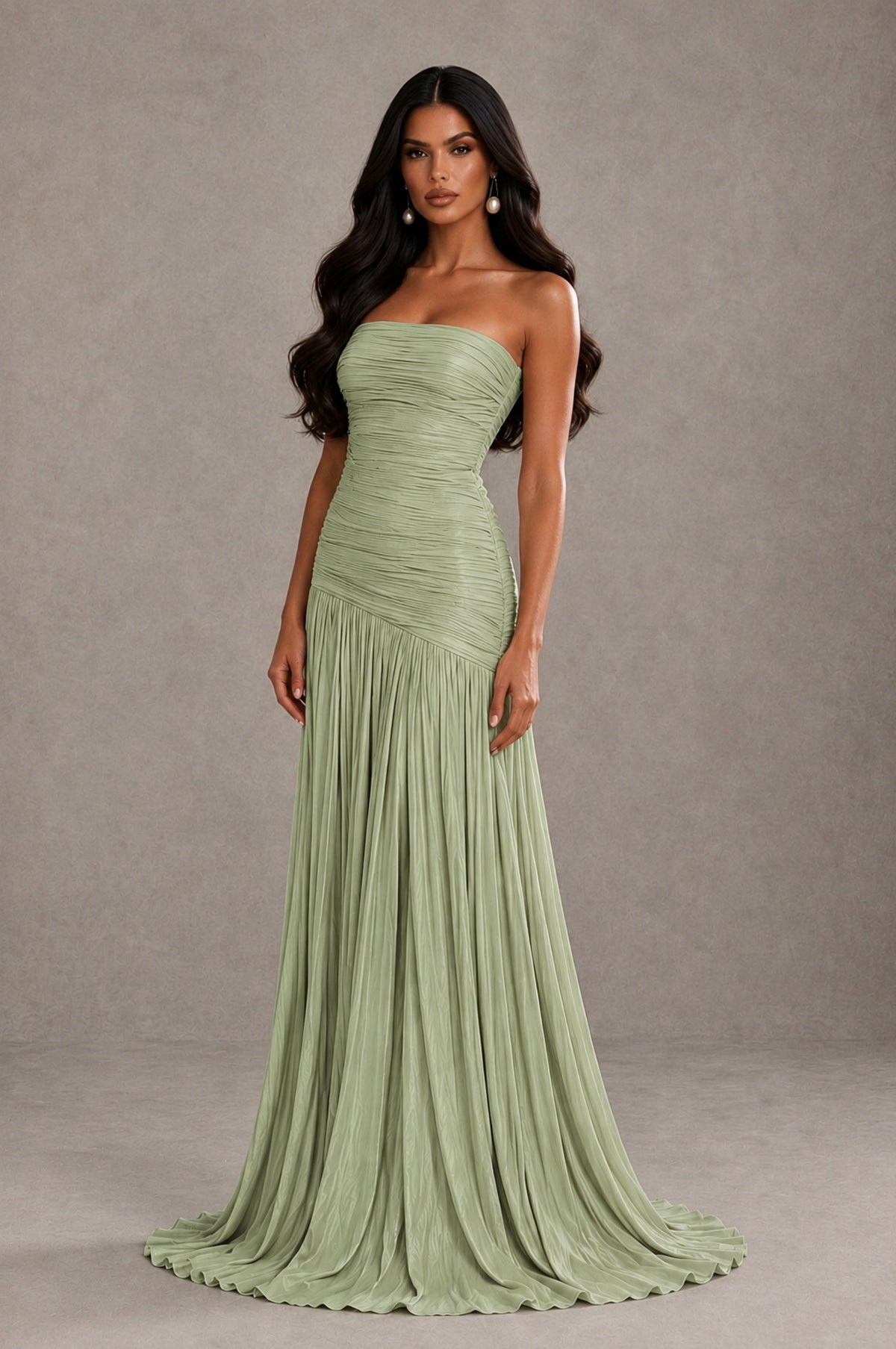 BOLODOO Sage Green Metallic Ruched Strapless Pleated A-Line Backless Maxi Dress with Train - Sage Green - Sage Green_3