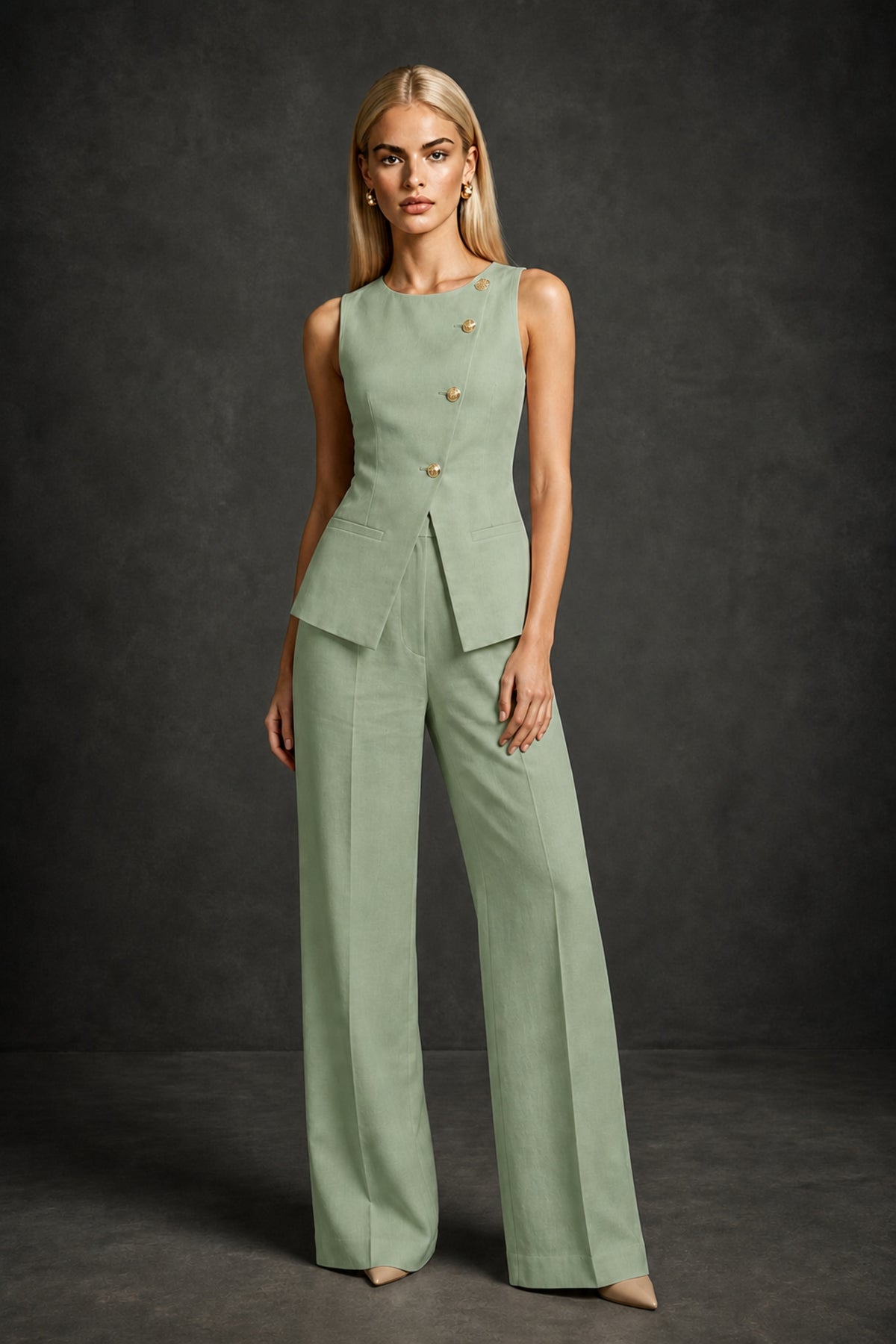 BOLODOO Sage Green Sleeveless Vest Top & Wide-Leg Trousers Two-Piece Suit Set – Sage Green Button Asymmetric Formal Set - Sage Green