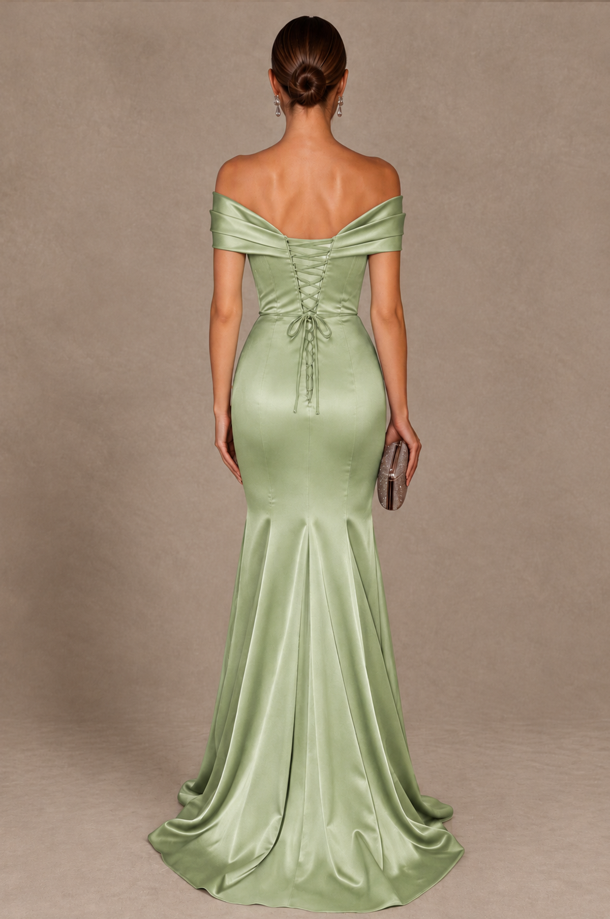 BOLODOO Sage Green Off-the-Shoulder Ruched Satin Mermaid Evening Dress - Sage Green - Sage_Green_3