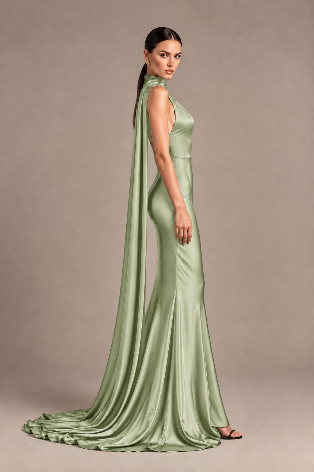 BOLODOO Sage Green One-Shoulder Satin Mermaid Evening Dress with Scarf - Sage Green - Sage Green_3