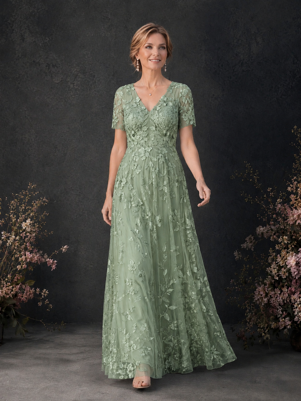 BOLODOO Sage Green 3D Floral Embroidered Lace V-Neck Short Sleeve A-Line Maxi Dress - Sage Green