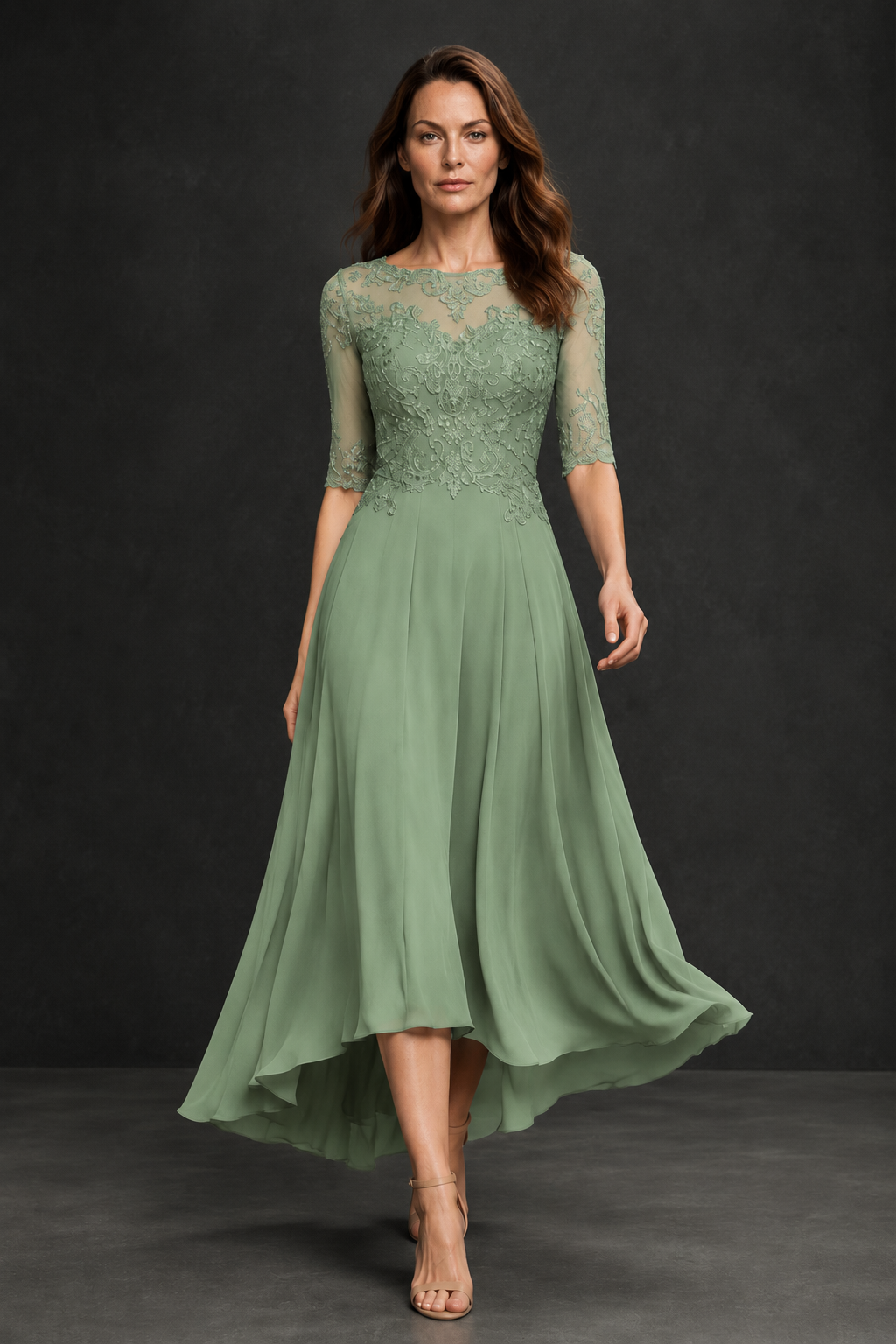 BOLODOO Sage Green Illusion Lace 3/4 Sleeve Hi-Lo Chiffon A-Line Dress | Mother of the Bride Tea Length Dress - Sage Green