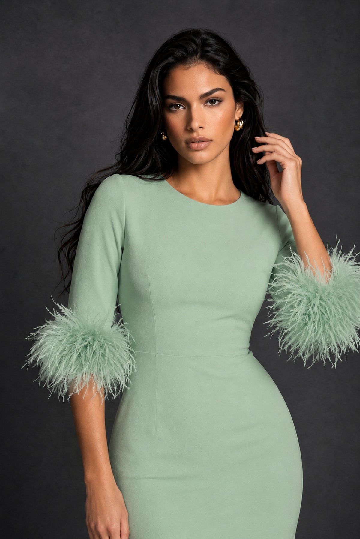 BOLODOO Sage Green Ostrich Feather Cuff 3/4 Sleeve Round Neck Bodycon Midi Dress with Back Slit - Sage Green