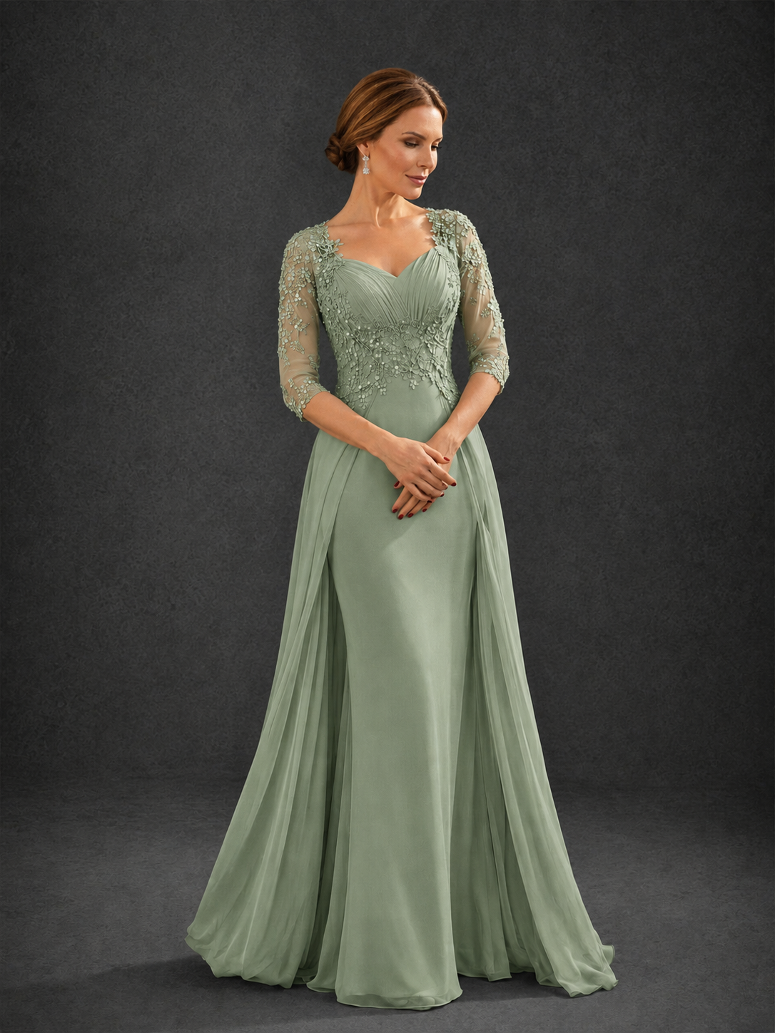 BOLODOO Sage Green Sweetheart Neck 3/4 Sleeve Floral Lace Illusion Bodice Chiffon A-Line Gown - Sage Green