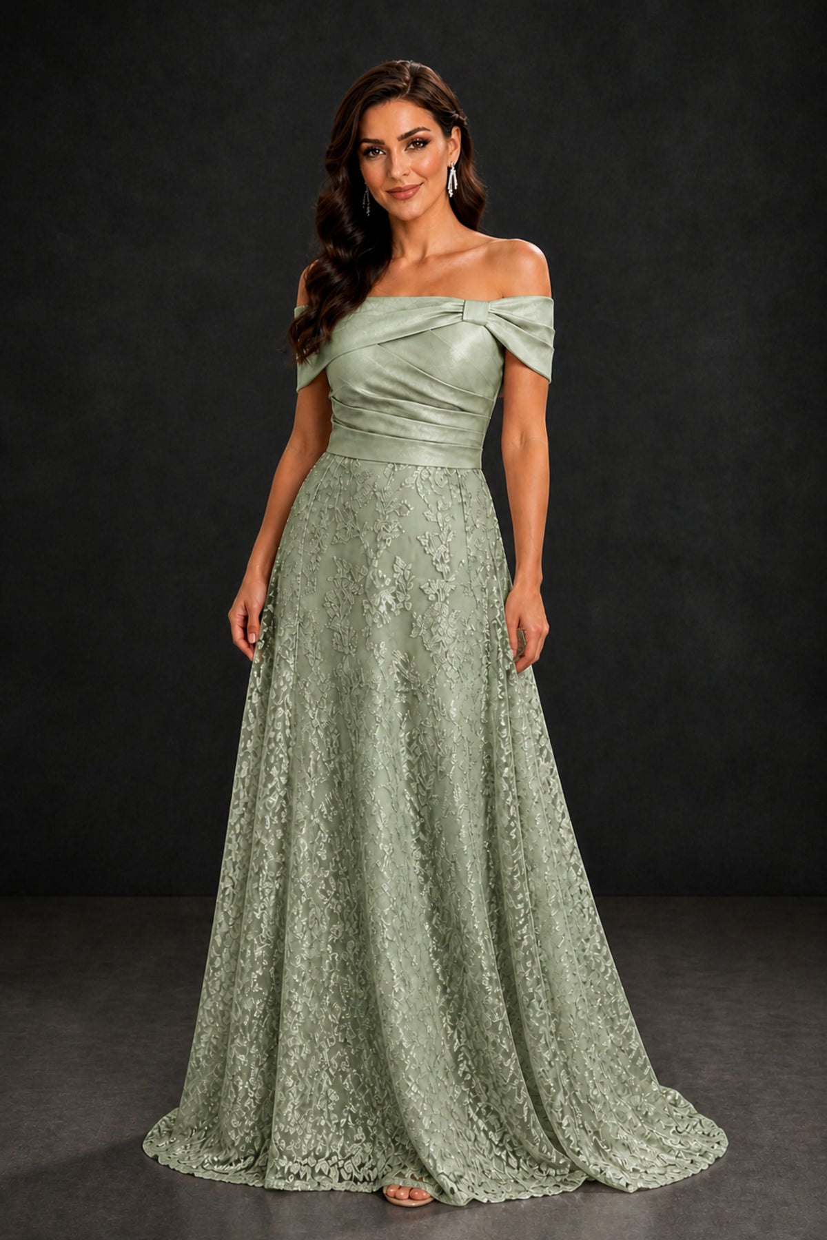BOLODOO Sage Green Lace Glitter Off Shoulder Cap Sleeve A-Line Ball Gown with Train – Formal Evening Dress - Sage Green