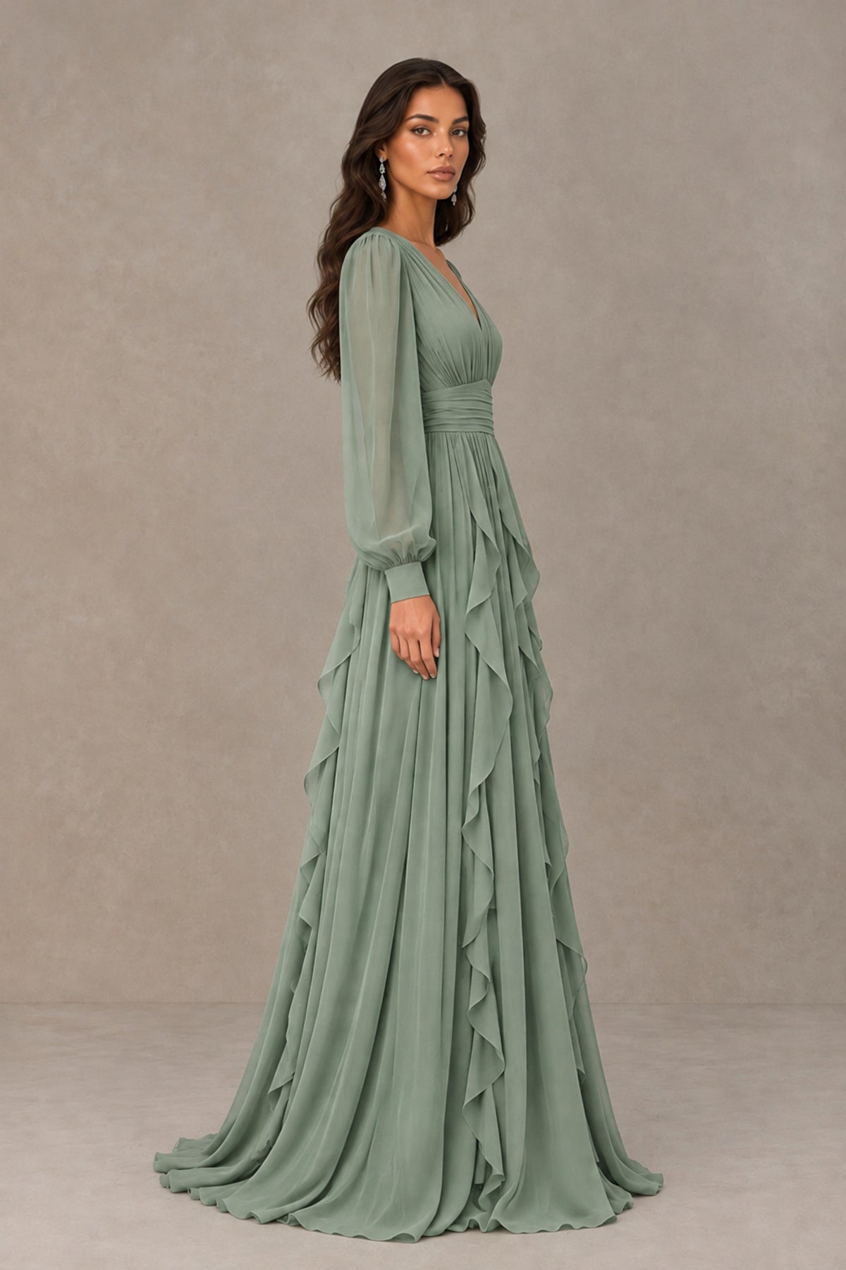BOLODOO Sage Green Long Sleeve V-Neck Ruffle Maxi Dress - Sage Green