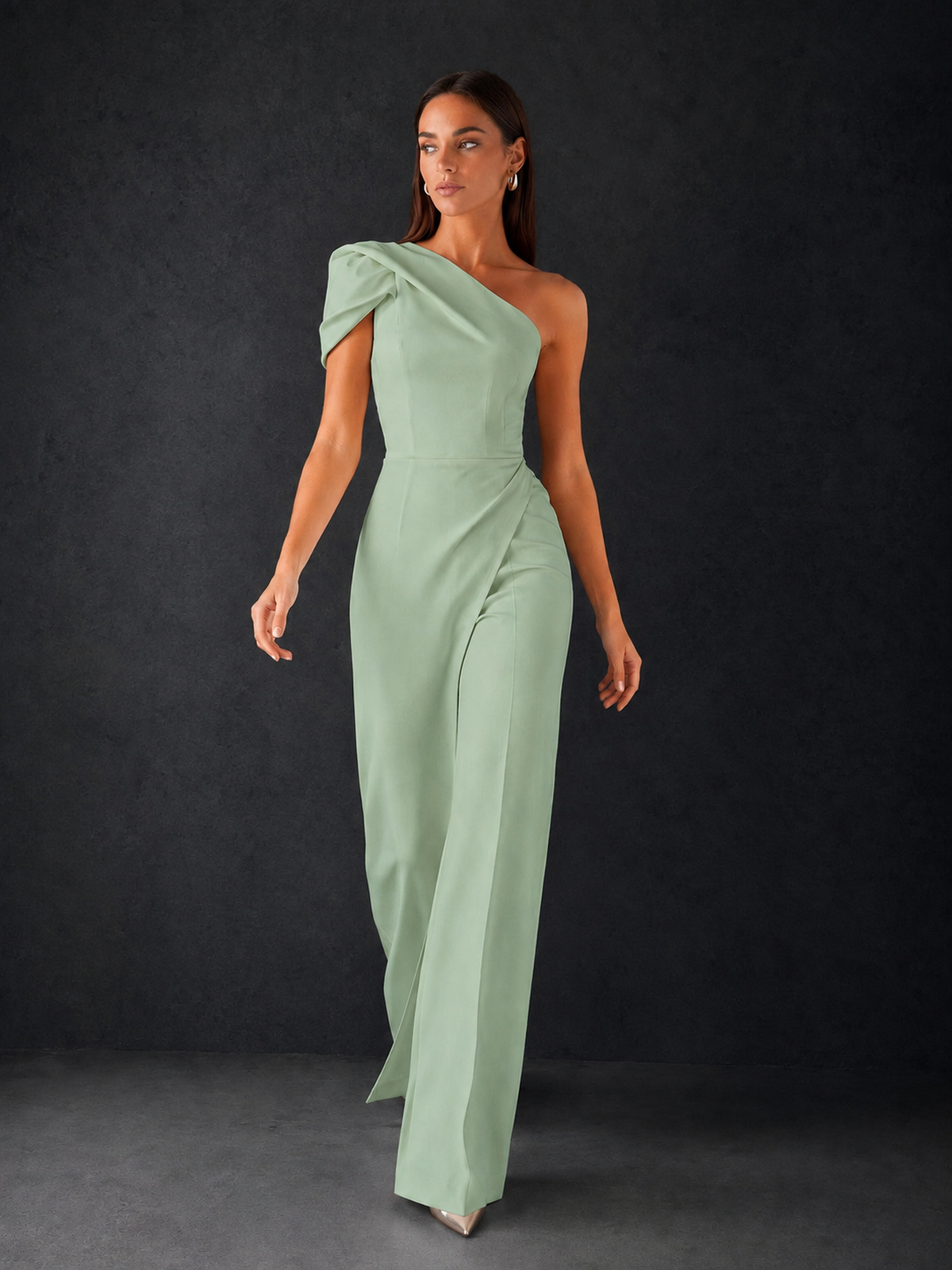 BOLODOO Sage Green One-Shoulder Puff Sleeve Wide-Leg Jumpsuit with Front Slit and Open Back - Sage Green