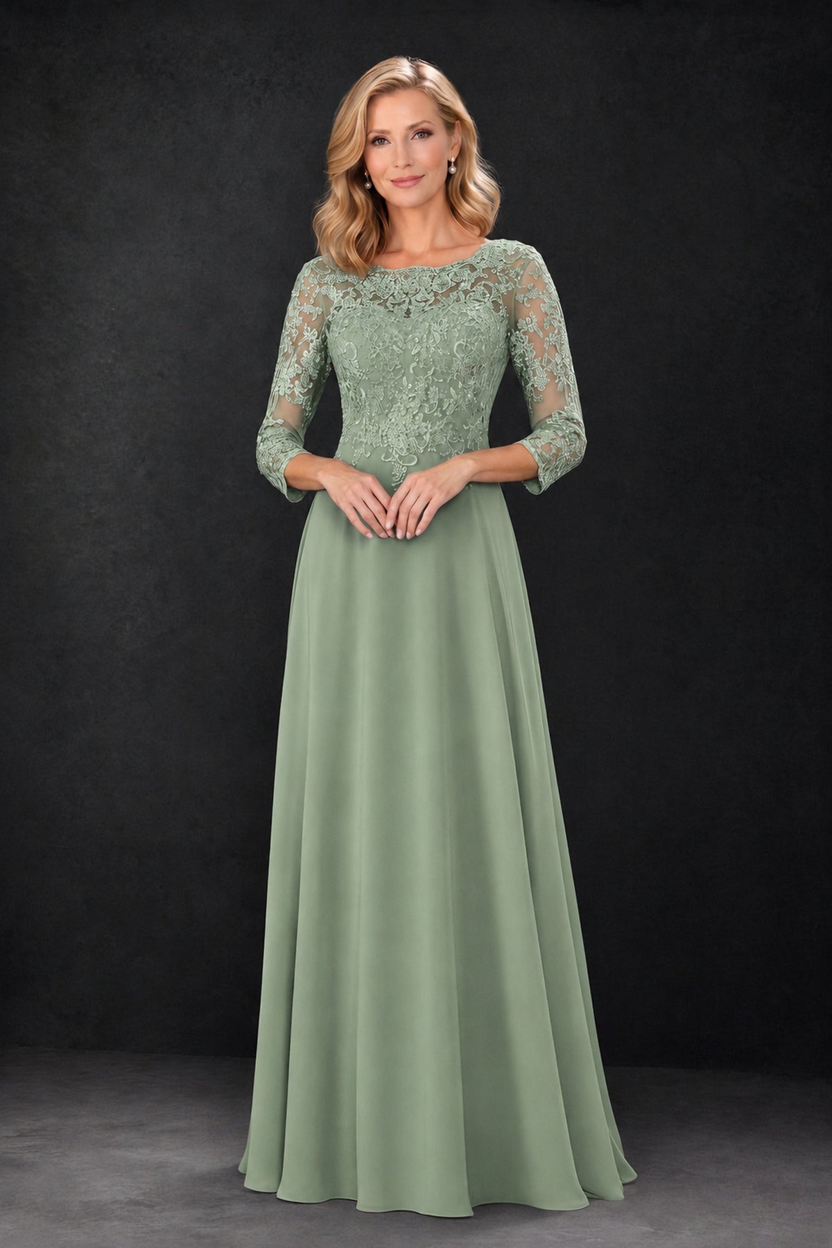 BOLODOO Sage Green Lace Embroidered Mother of the Bride Dress with 3/4 Sleeves - Sage Green