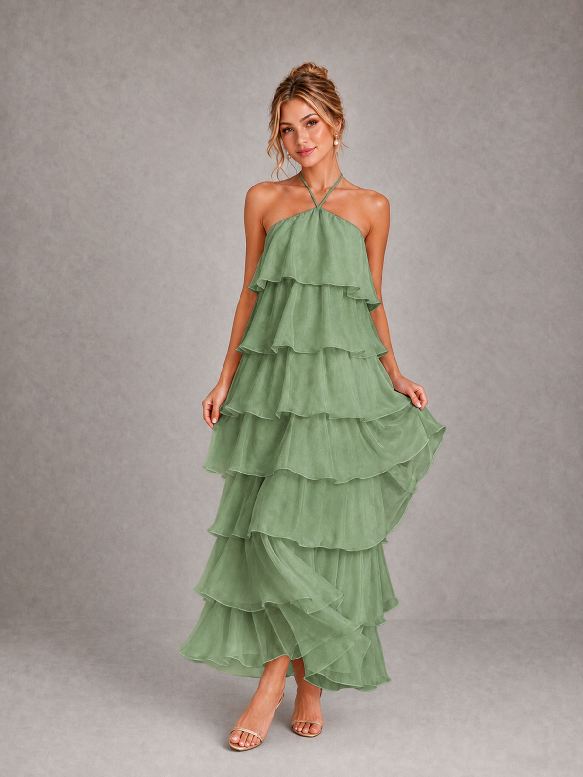 BOLODOO Sage Green Halter Tiered Ruffle Maxi Bridesmaid Dress - Sage Green - Sage Green_3