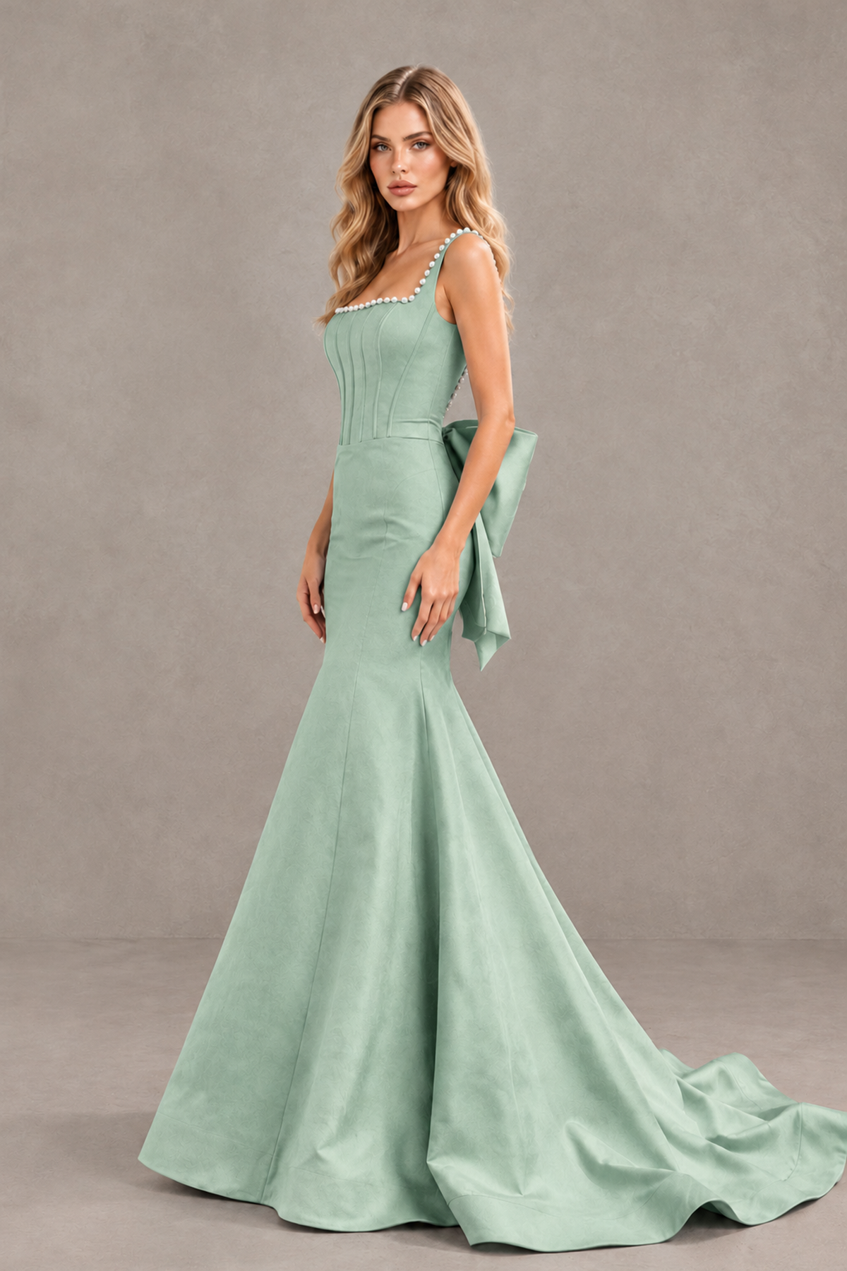 BOLODOO Sage Green Pearl-Trim Mermaid Prom Dress with Back Bow - Sage Green - Sage_Green_3