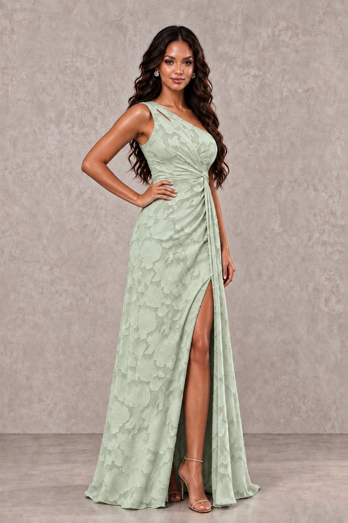BOLODOO Sage Green One-Shoulder Floral Textured Maxi Dress with High Slit - Sage Green - Sage Green_3