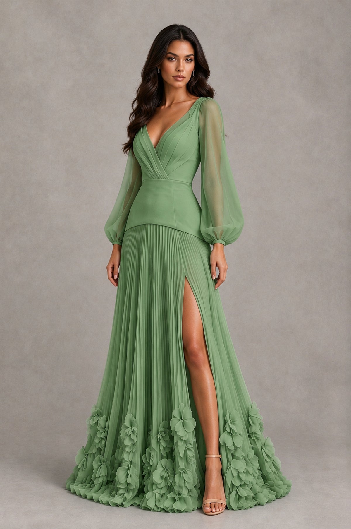 BOLODOO Sage Green V-Neck Long Sleeve Pleated Floral Hem Evening Dress - Sage Green - Sage Green_3