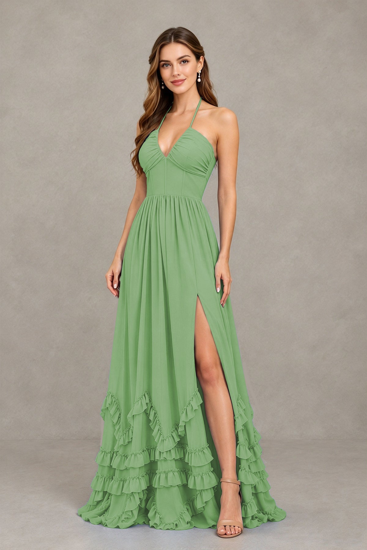 BOLODOO Sage Green Halter Ruffle Hem A-Line Bridesmaid Dress with High Slit - Sage Green - Sage Green(3)