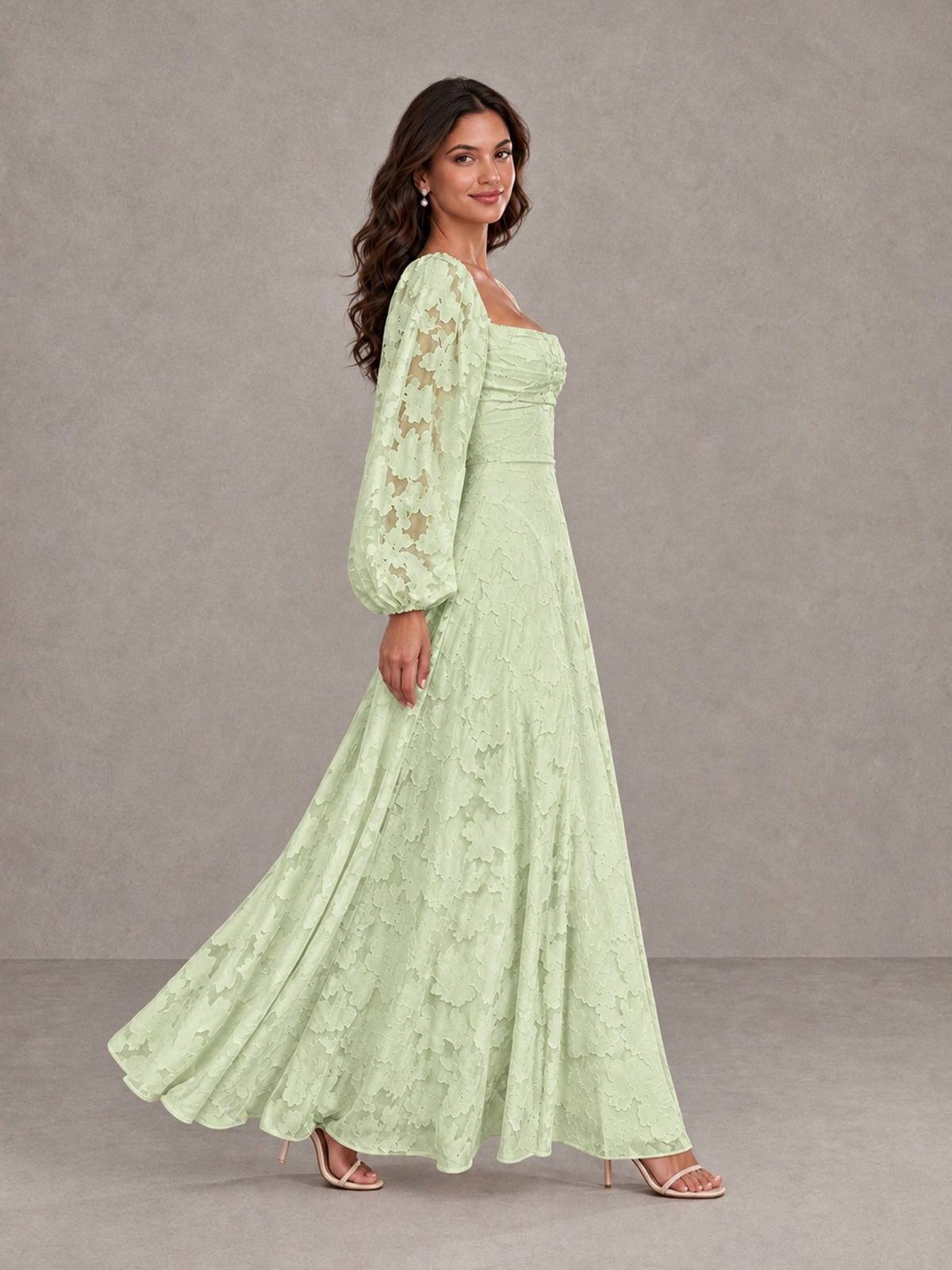 BOLODOO Sage Green Floral Long Sleeve A-Line Bridesmaid Dress - Sage Green - Sage Green_3