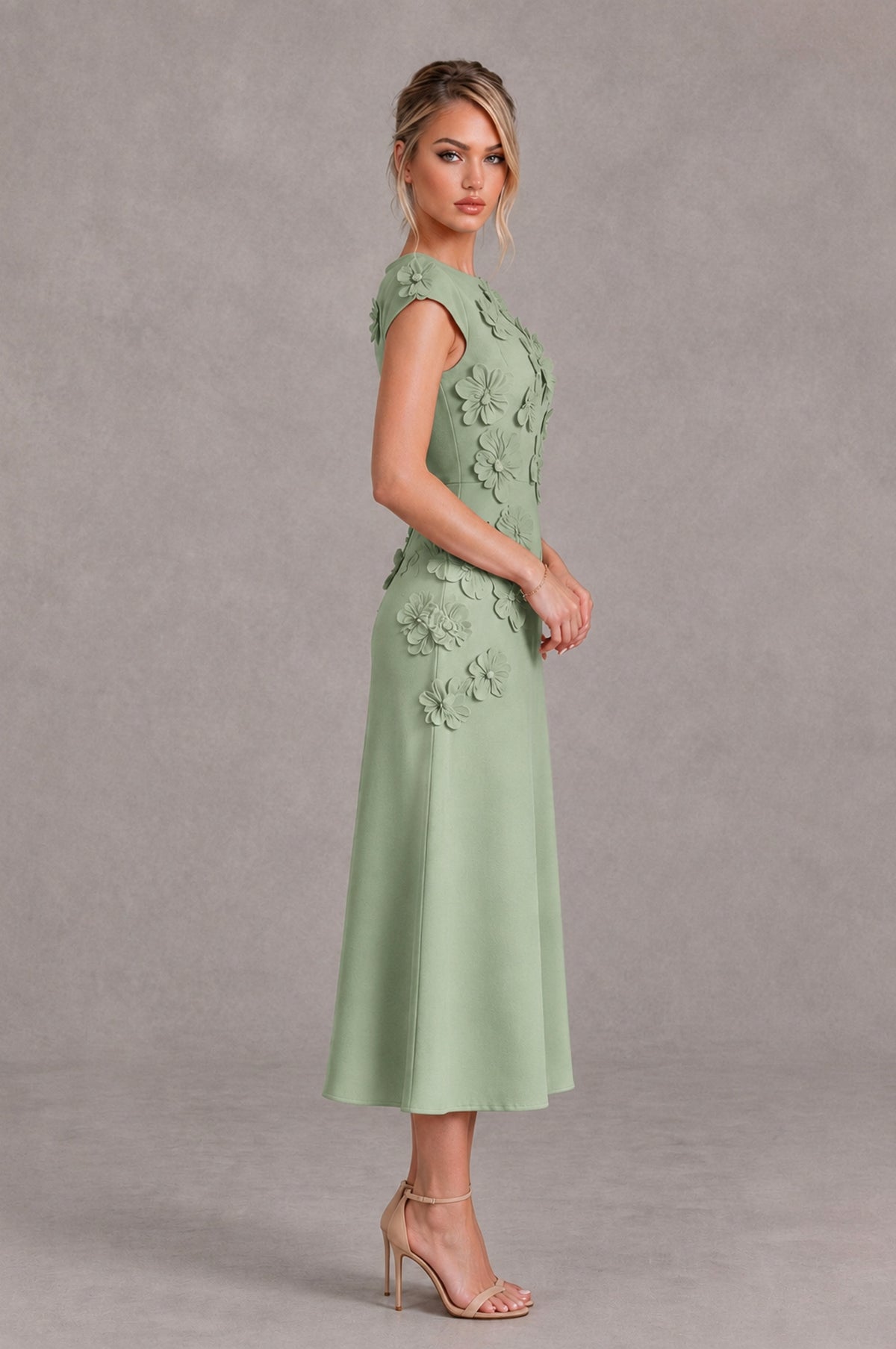 BOLODOO Sage Green 3D Floral Cap Sleeve Midi Cocktail Dress - Sage Green - Sage Green_3