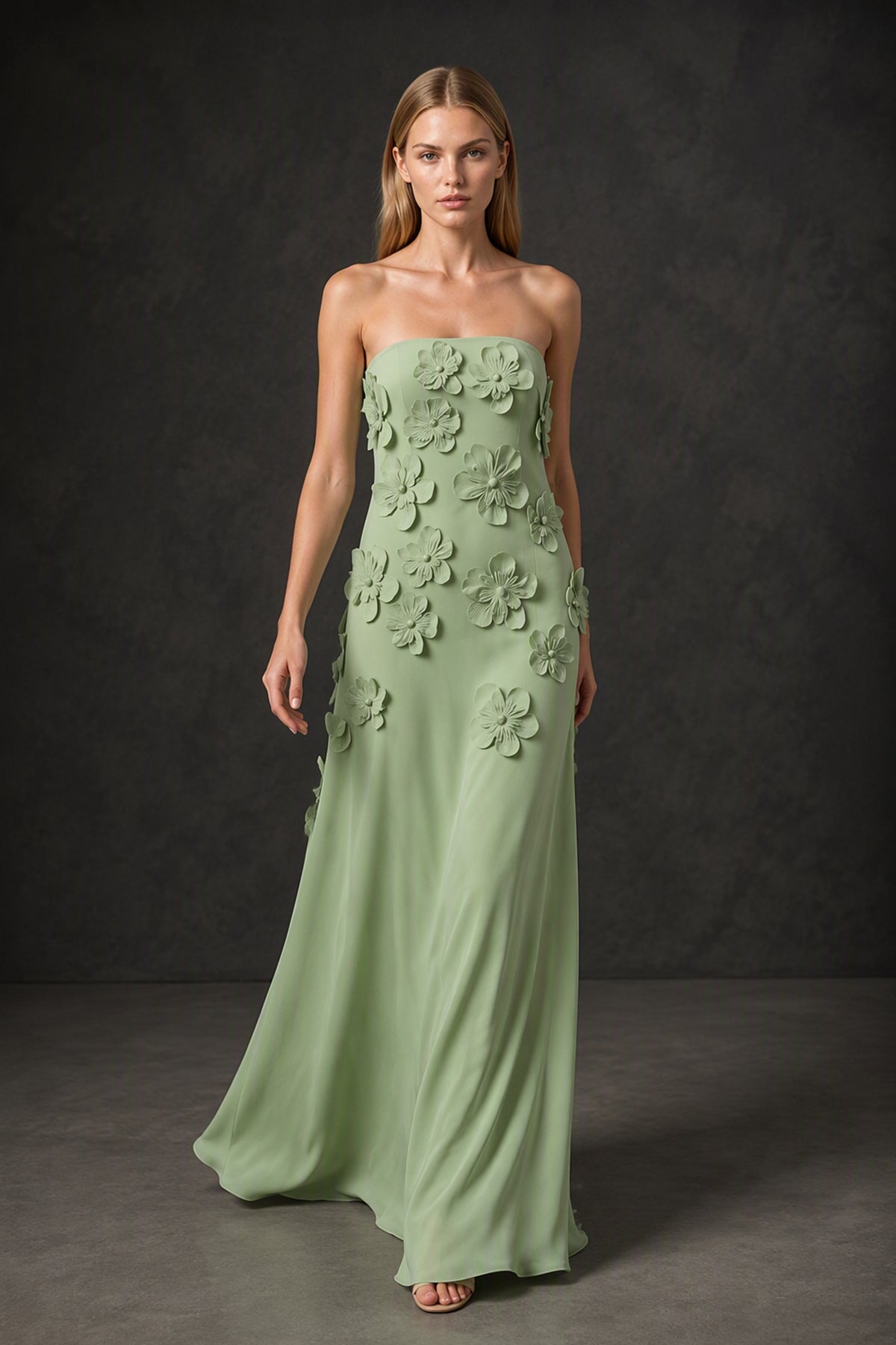 BOLODOO Sage Green Strapless 3D Floral Appliqué Crepe Mermaid Maxi Gown - Sage Green