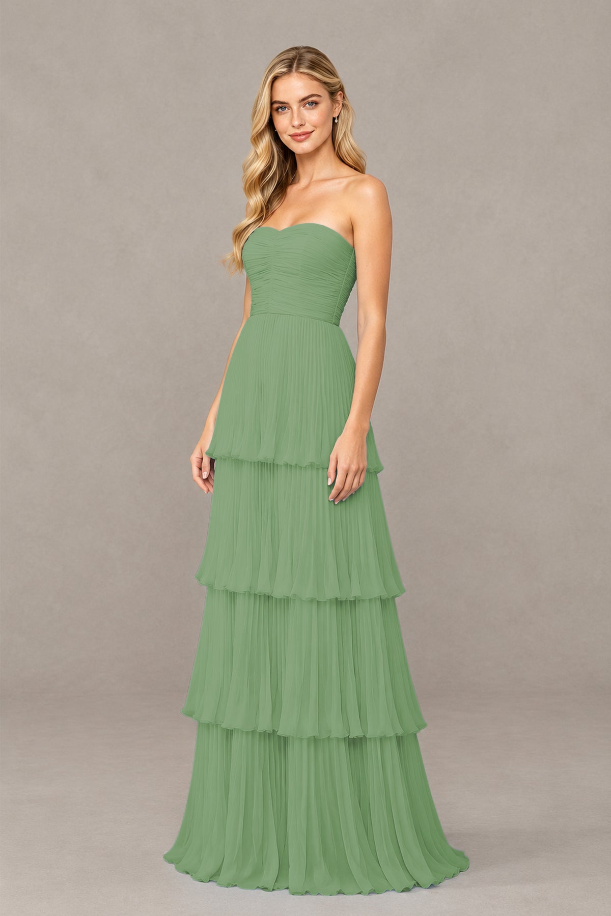 BOLODOO Sage Green Strapless Tiered Chiffon Maxi Dress - Sage Green