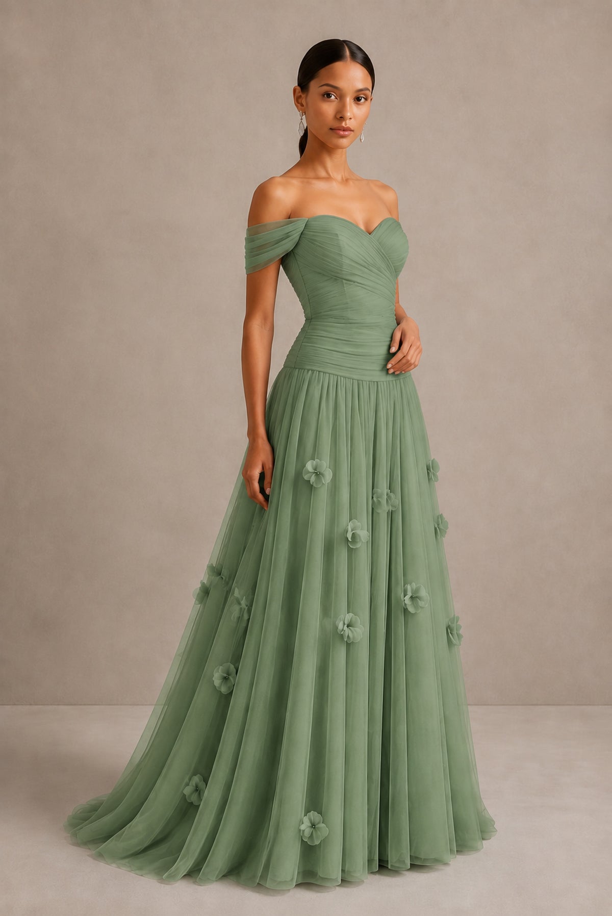 Sage Green Off-Shoulder Sweetheart A-Line Tulle Gown with 3D Floral Appliques | BOLODOO - Sage Green