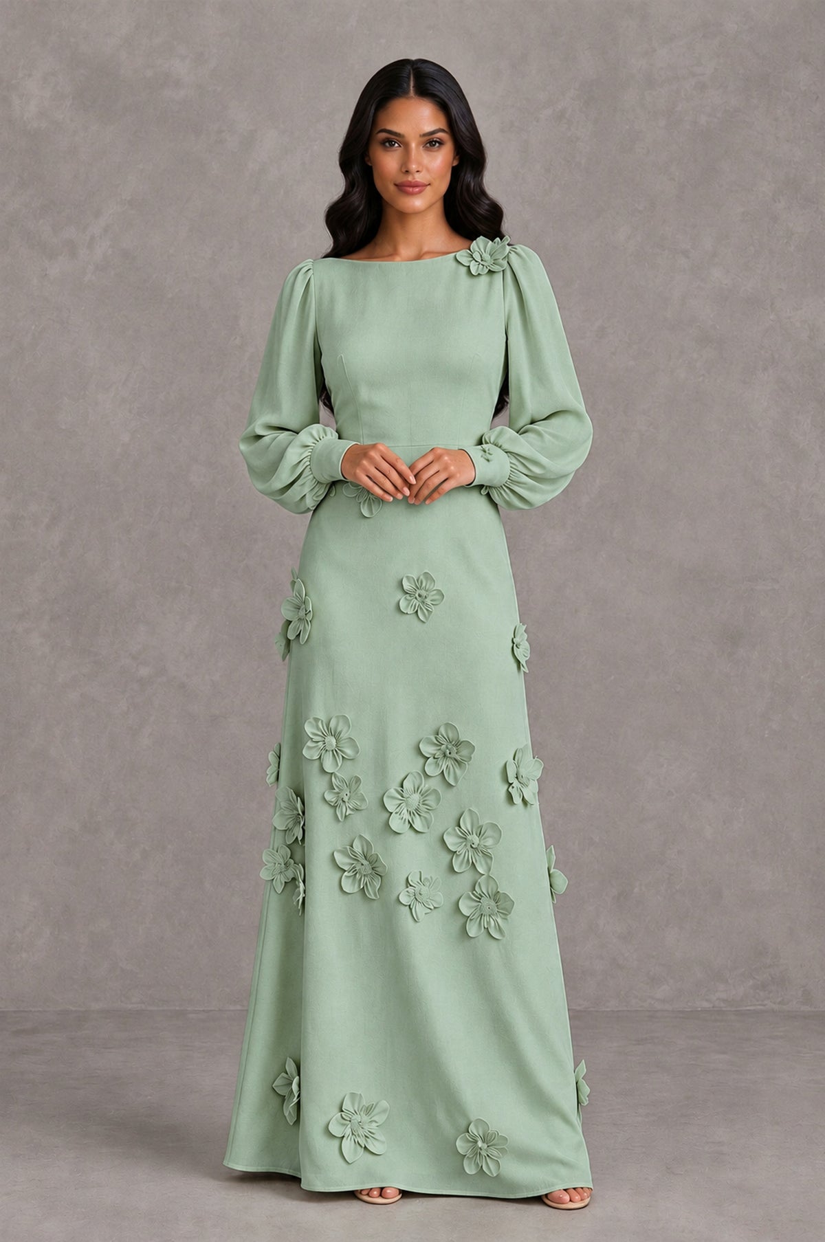 BOLODOO Sage Green Long Sleeve Floral Applique A-Line Evening Dress - Sage Green - Sage Green_3