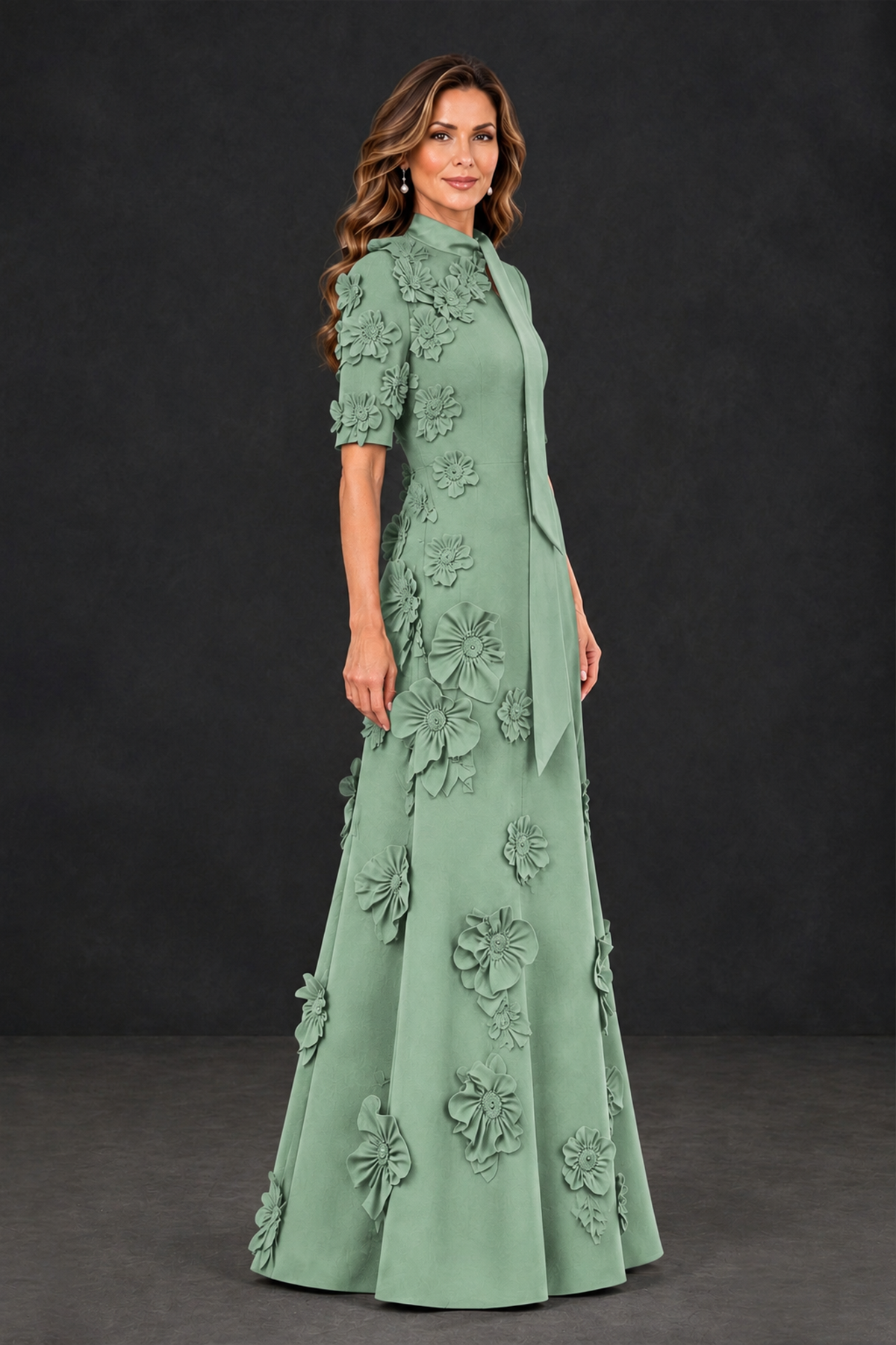 BOLODOO Sage Green Floral Applique High-Neck Half-Sleeve Gown - Sage Green - Sage Green_3