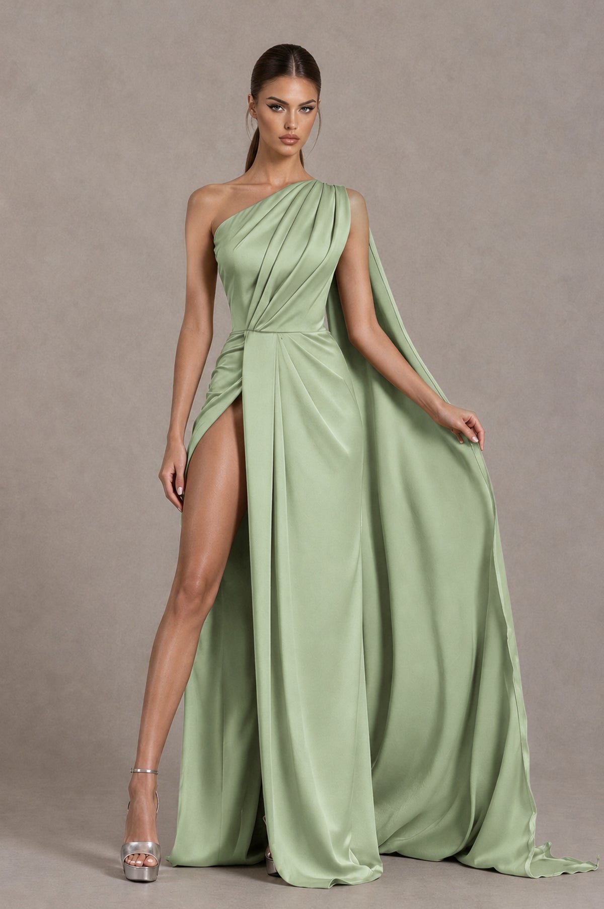BOLODOO Sage Green One Shoulder Satin Evening Dress with High Slit and Draped Cape Train - Sage Green - Sage Green_3
