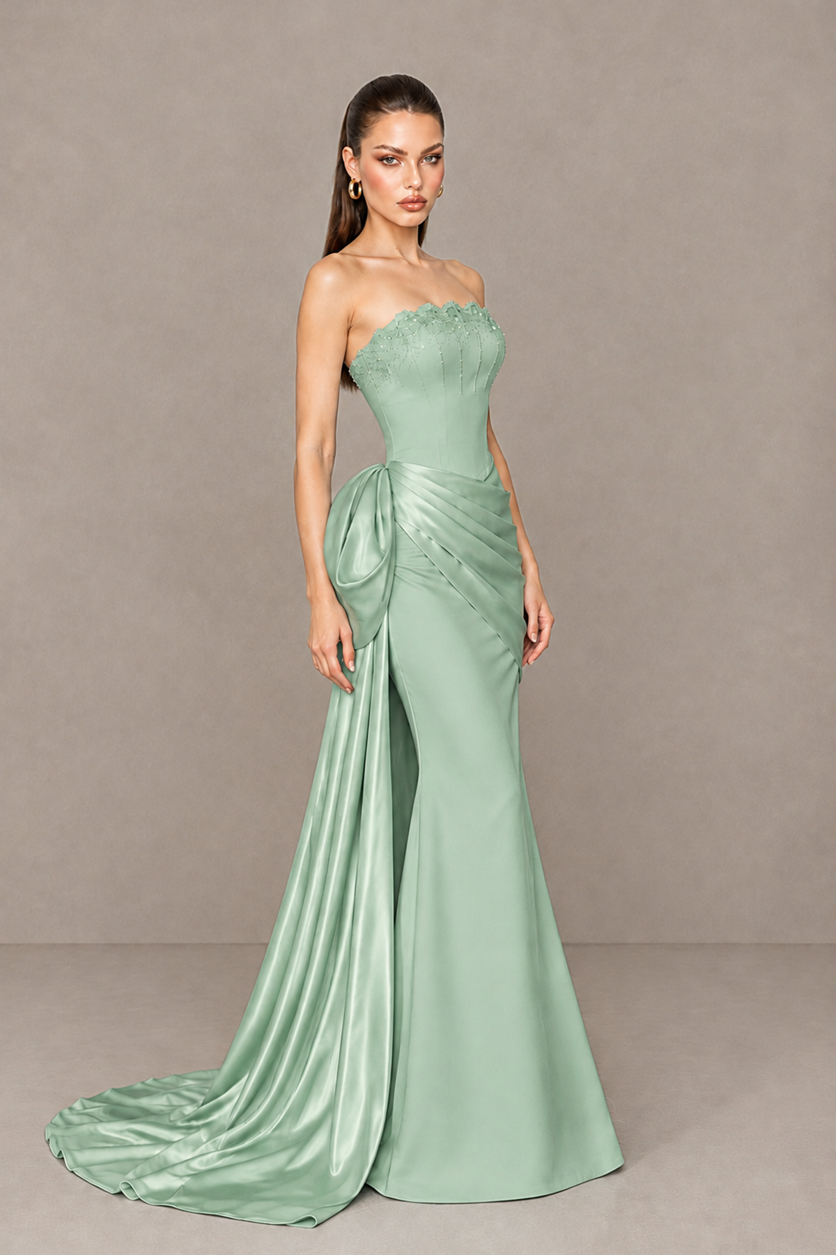 BOLODOO Sage Green Strapless Satin Prom Dress with Draped Side Train - Sage Green - Sage_Green_3