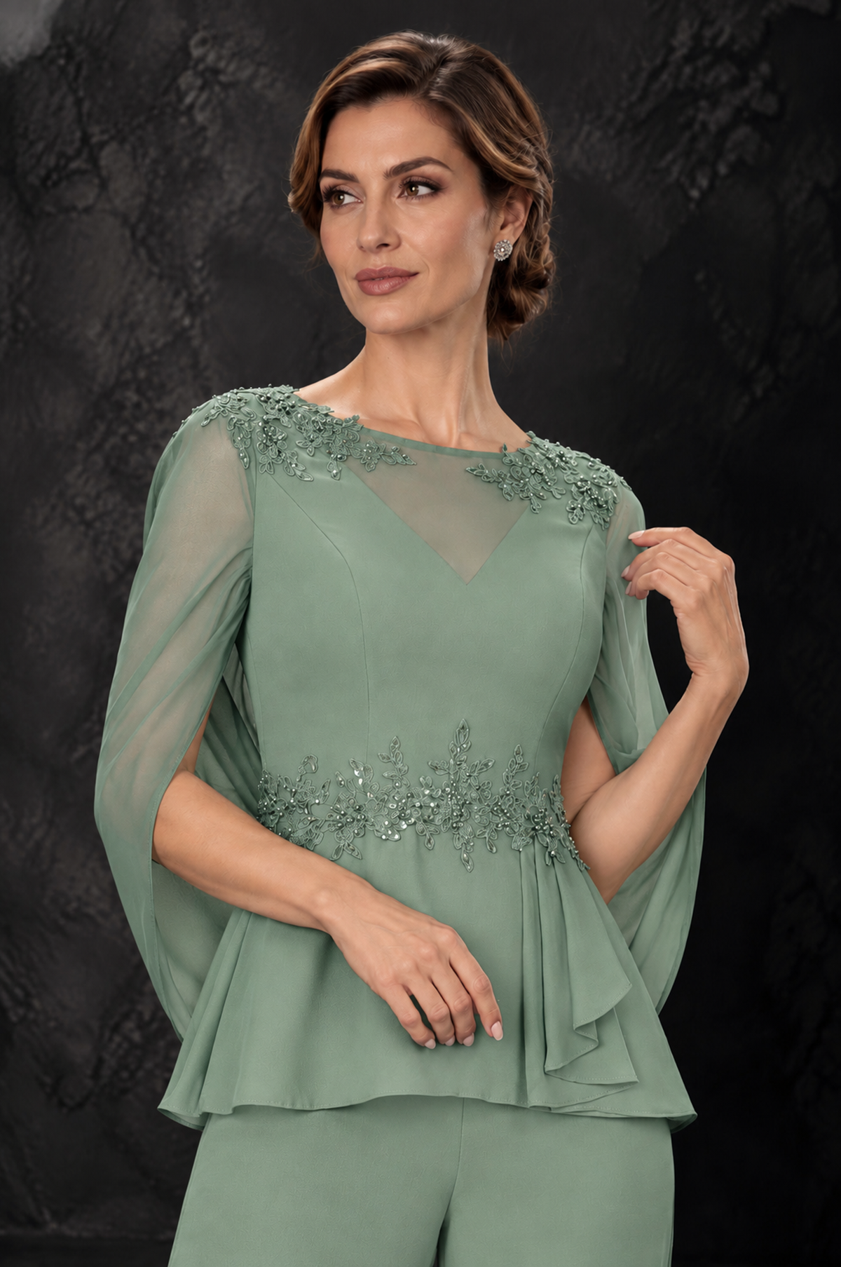BOLODOO Sage Green Embellished Cape Sleeve Mother of the Bride Pantsuit - Sage Green - Sage_Green_3