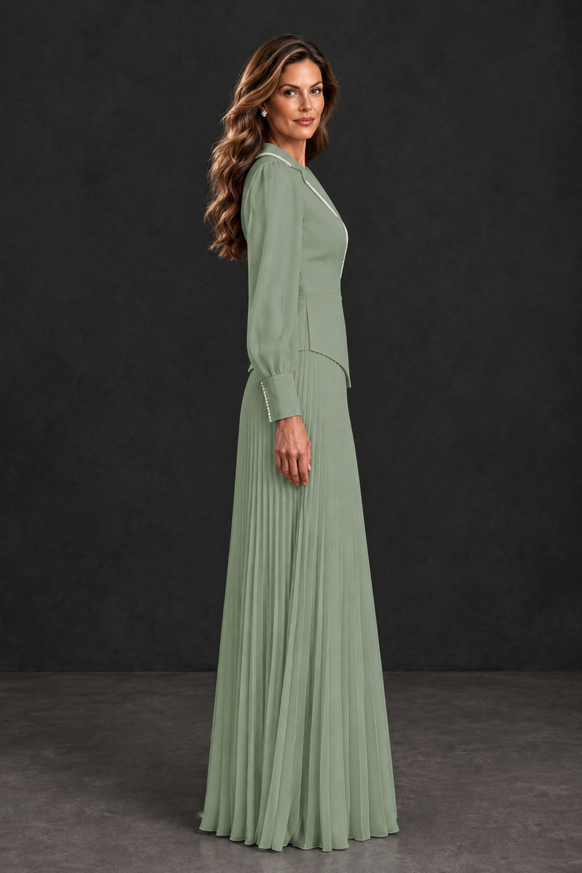 BOLODOO Sage Green Long Sleeve Pleated Mother of the Bride Dress - Sage Green - Sage Green_3