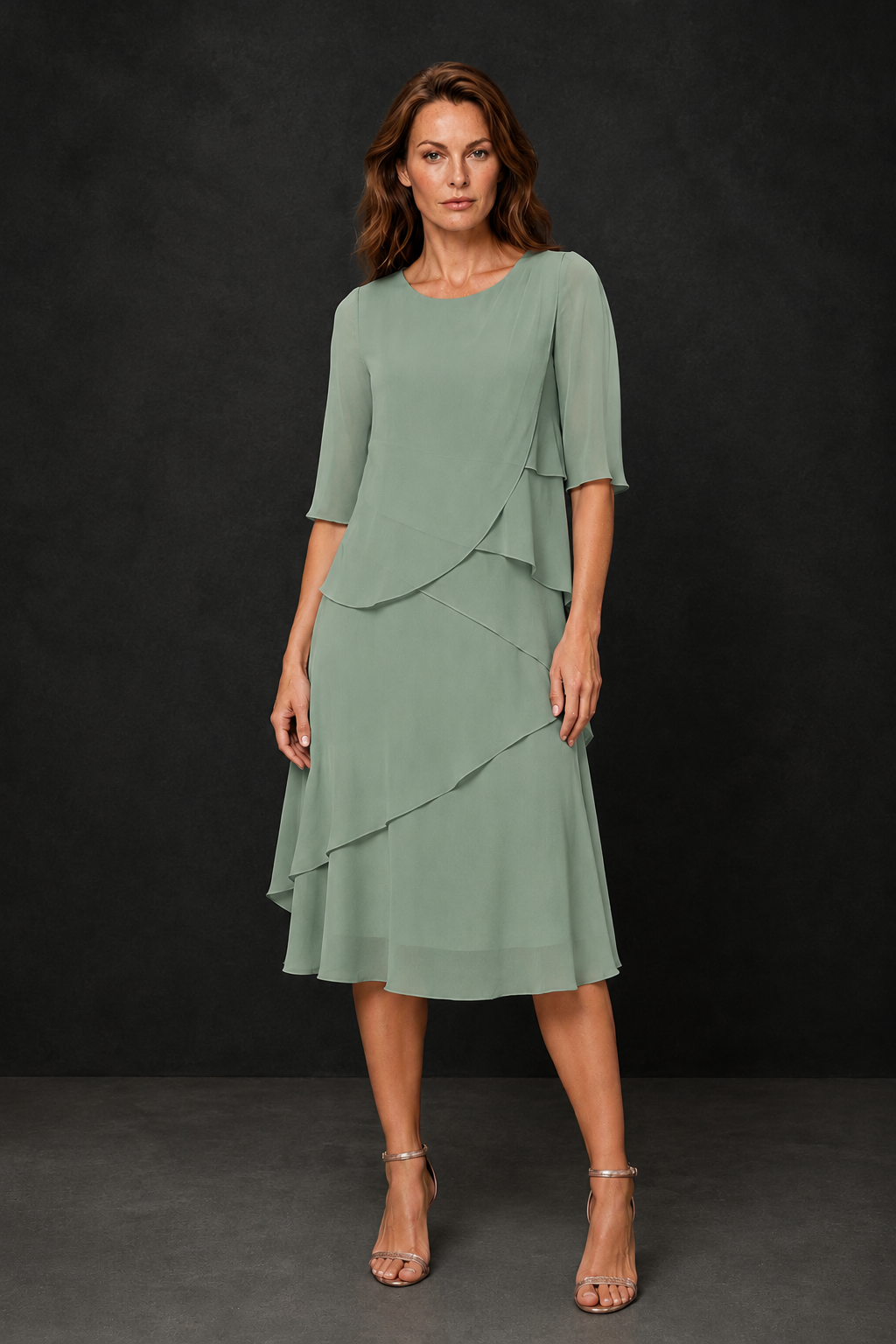 BOLODOO Sage Green Chiffon 3/4 Sleeve Asymmetric Tiered Tea Length Dress | Mother of the Bride Midi Dress - Sage Green