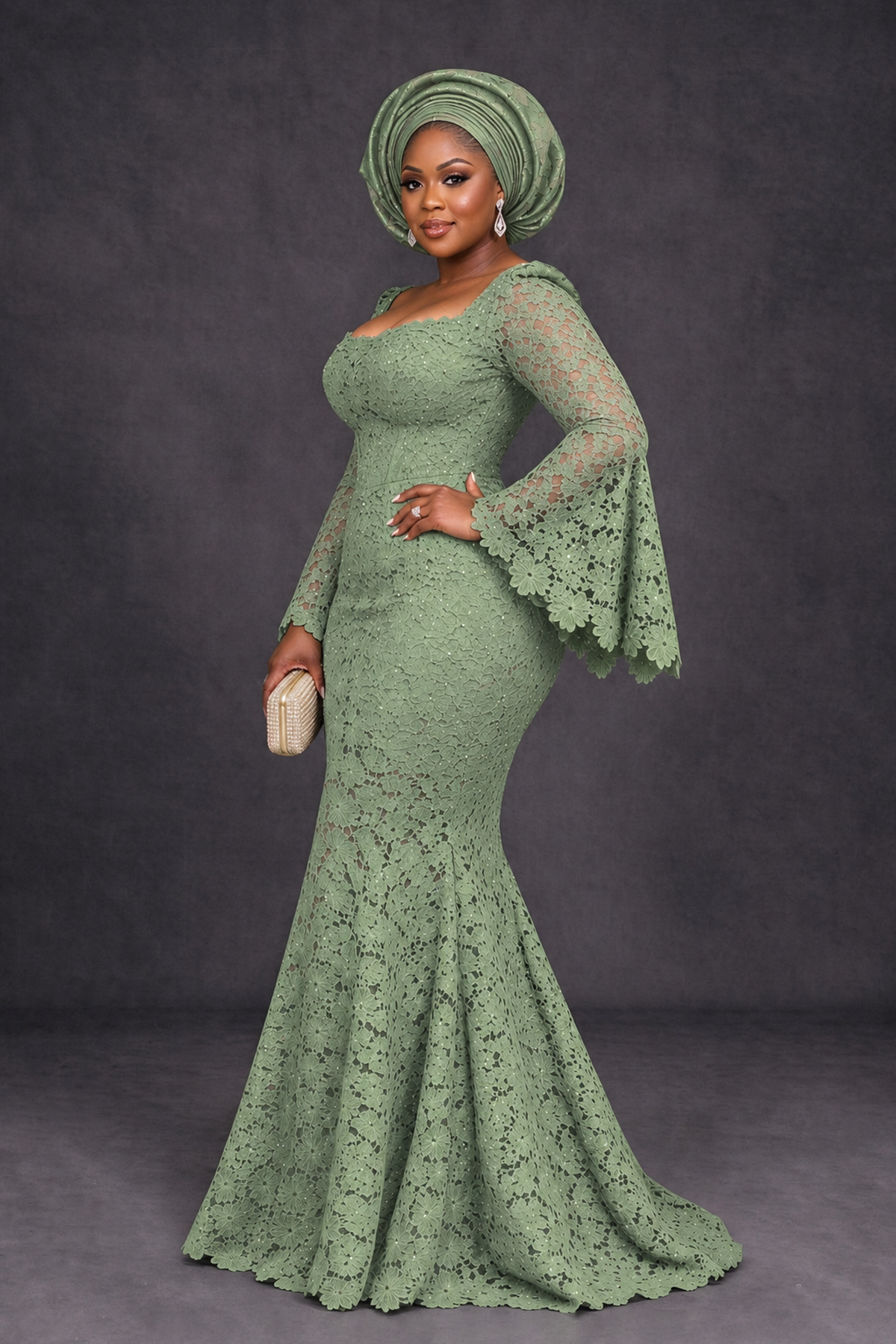 BOLODOO Sage Green African Lace Mermaid Dress, Plus Size Nigerian Wedding Guest Gown with Bell Sleeves - Sage Green - Sage Green_3